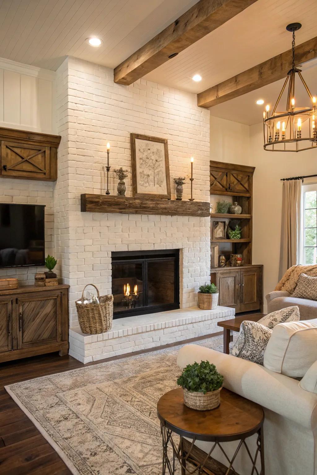 A timeless white brick fireplace enhanced by rustic wood accents.