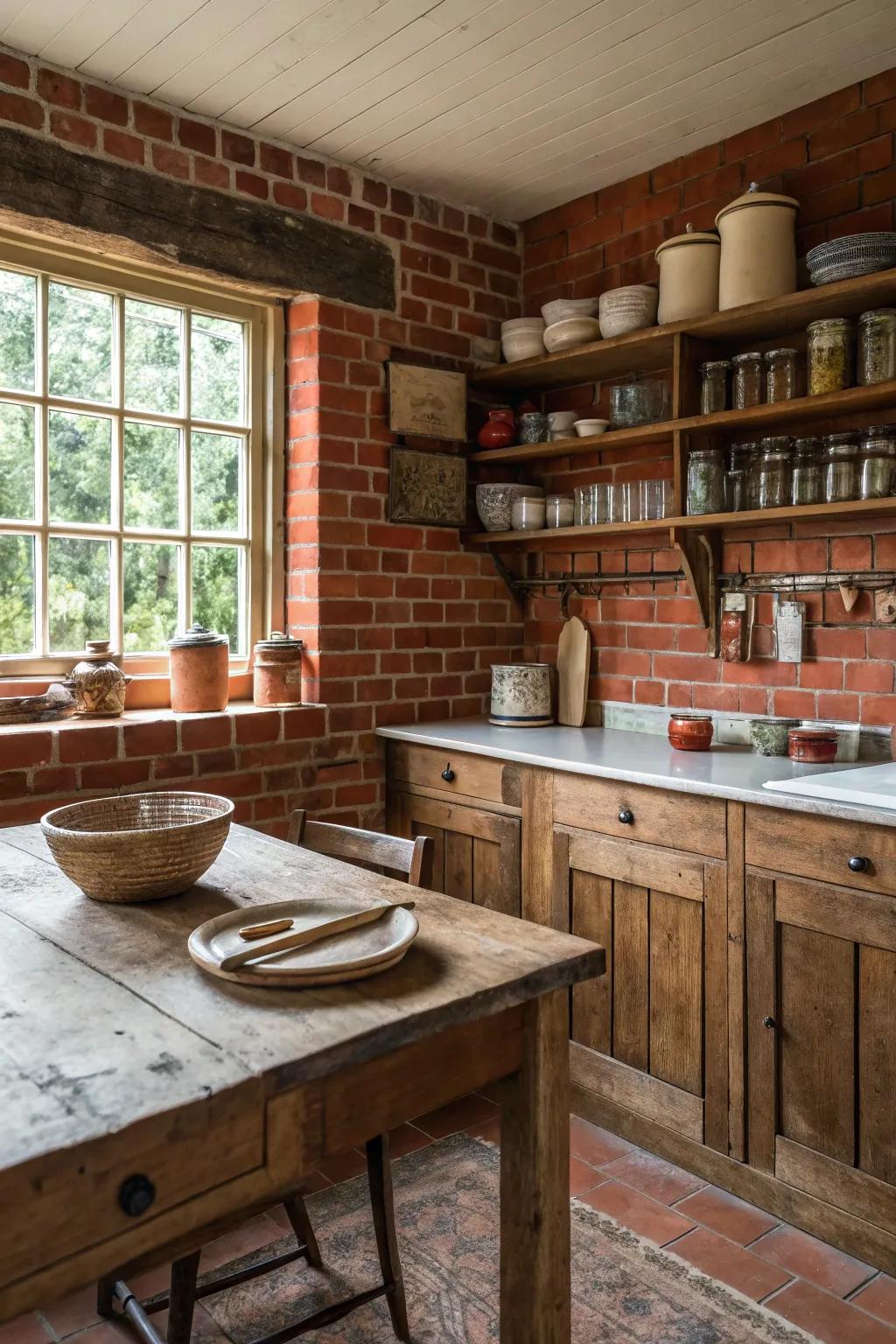 A country-style kitchen showcasing a traditional red brick backsplash.