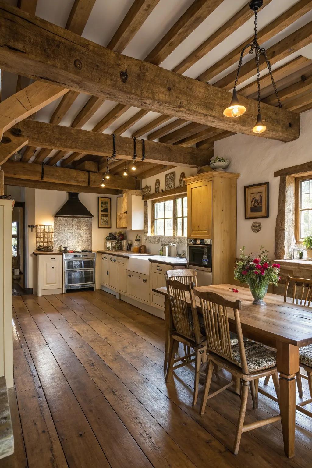 A farmhouse-inspired cooking area showcasing overhead wooden beams and richly textured wooden flooring.