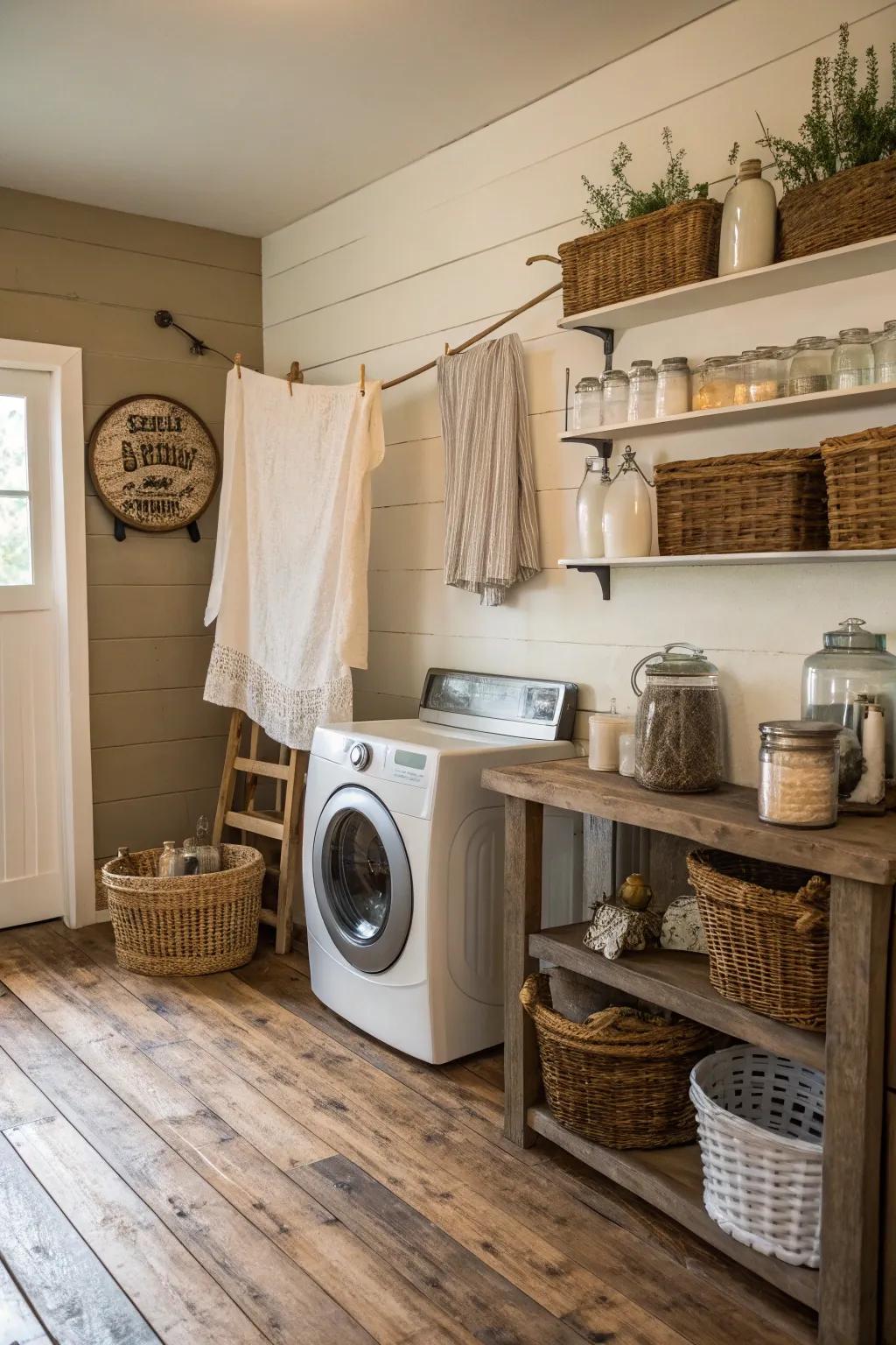 A tranquil laundry area showcasing a soothing color scheme and countryside decor touches.