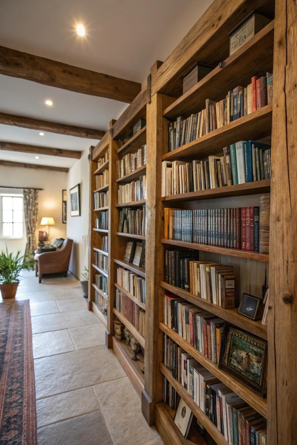 Grand wooden shelves infuse any farmhouse library with a touch of rustic allure.