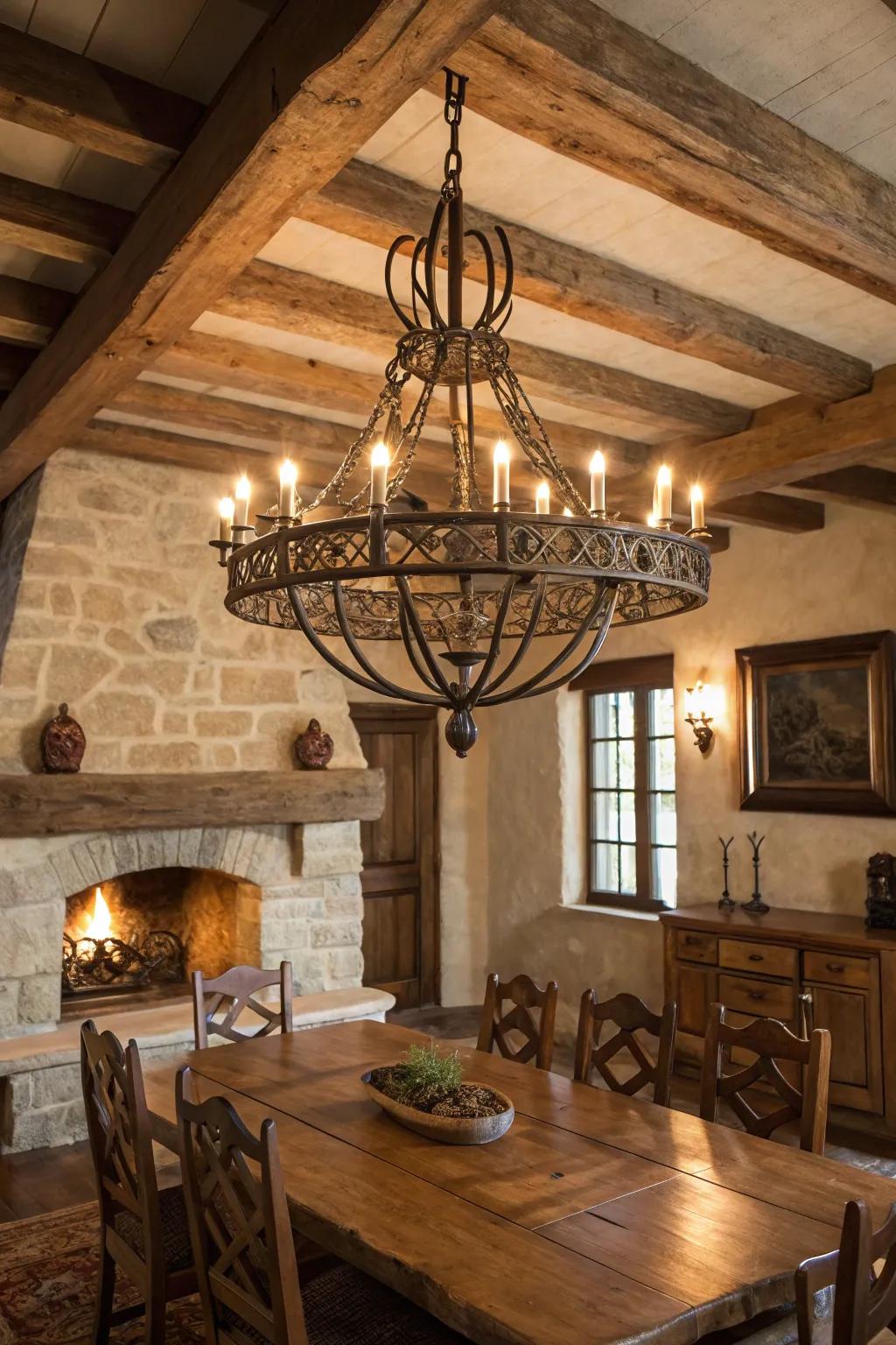 A rustic chandelier elevates any farmhouse space.