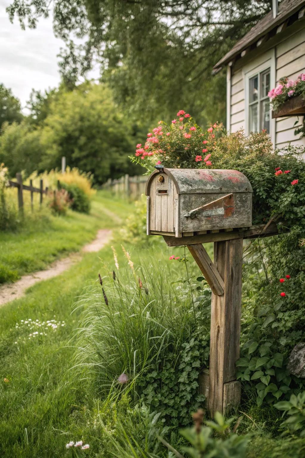 A quintessential wooden mailbox, showcasing a distressed finish, stands gracefully amidst vibrant greenery.