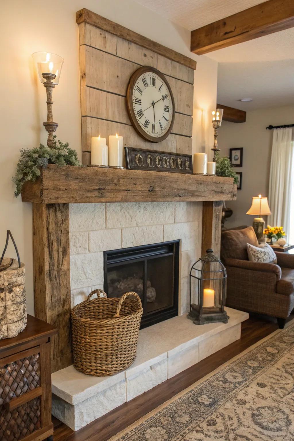 Natural wood beams form the basis of an inviting farmhouse mantel.
