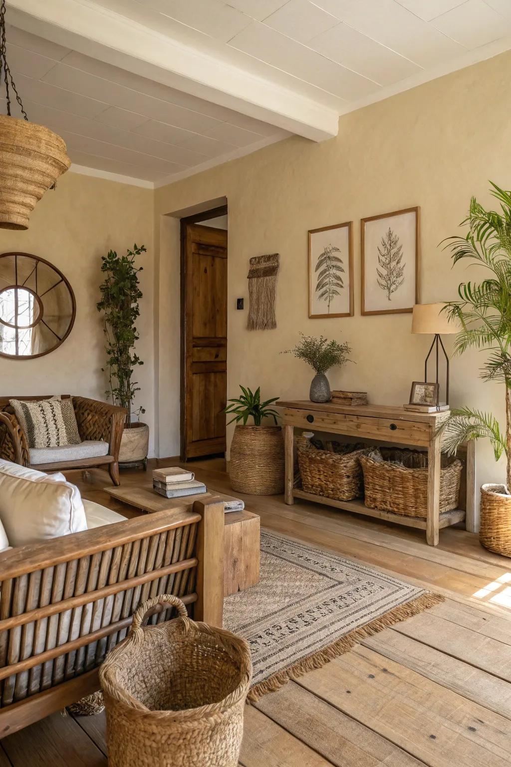 Cream-colored walls create a welcoming ambiance in this farmhouse living area.