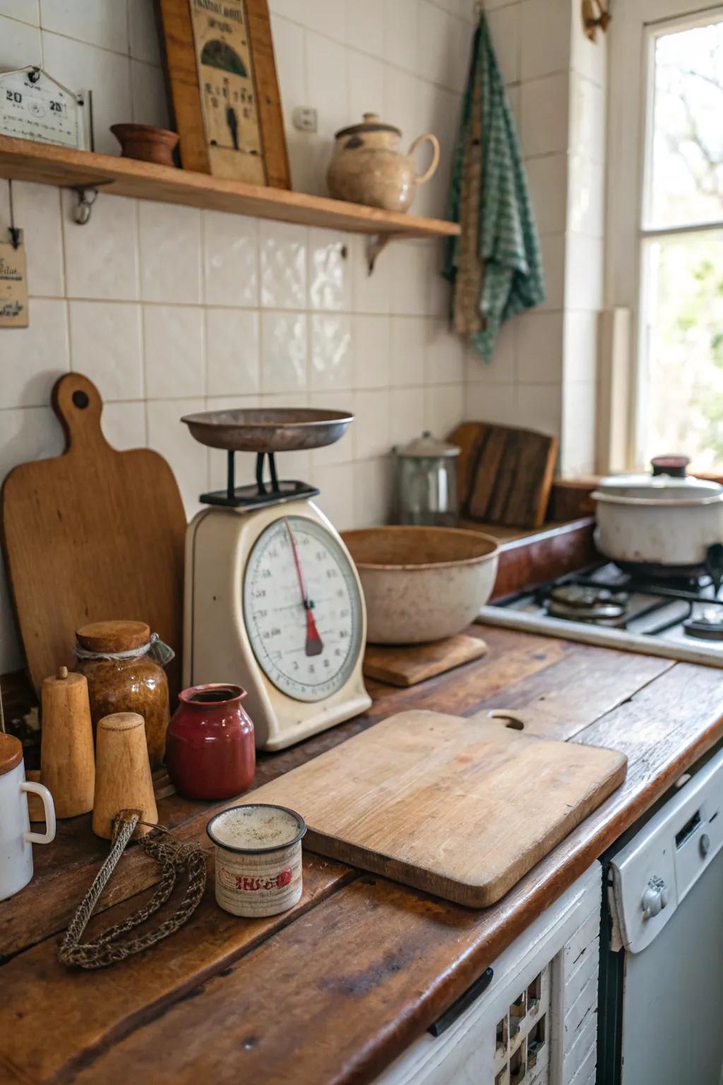 A vintage scale serving as the core of a delightful kitchen surface.