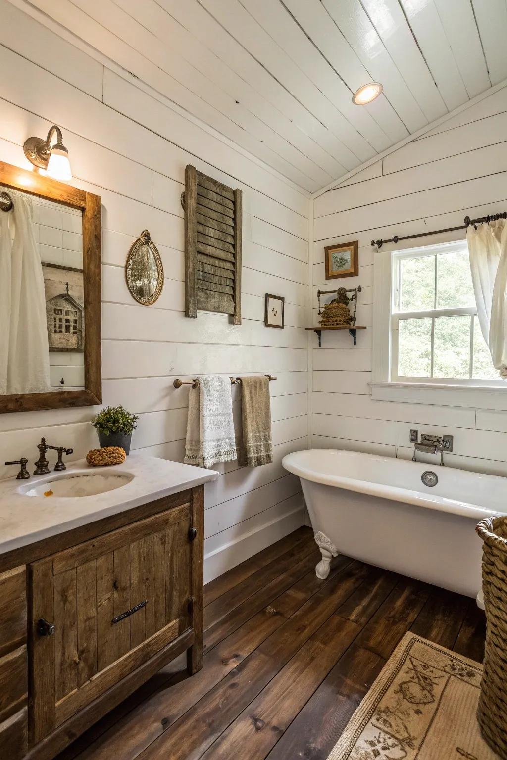 Pristine plank walls infuse an immaculate farmhouse appeal into this snug bathroom.