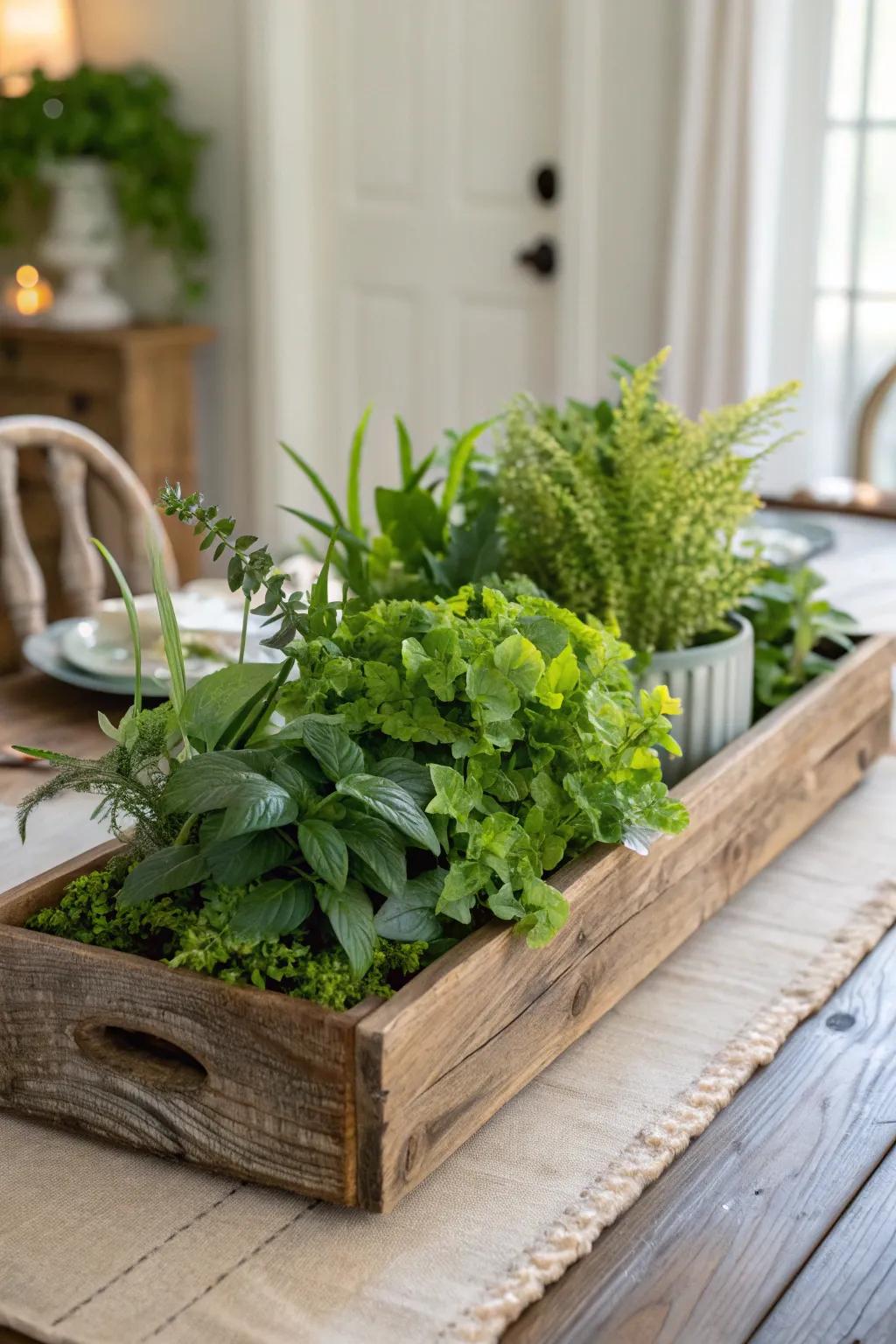 A quaint wooden tray brimming with lush greenery creates a welcoming centerpiece.
