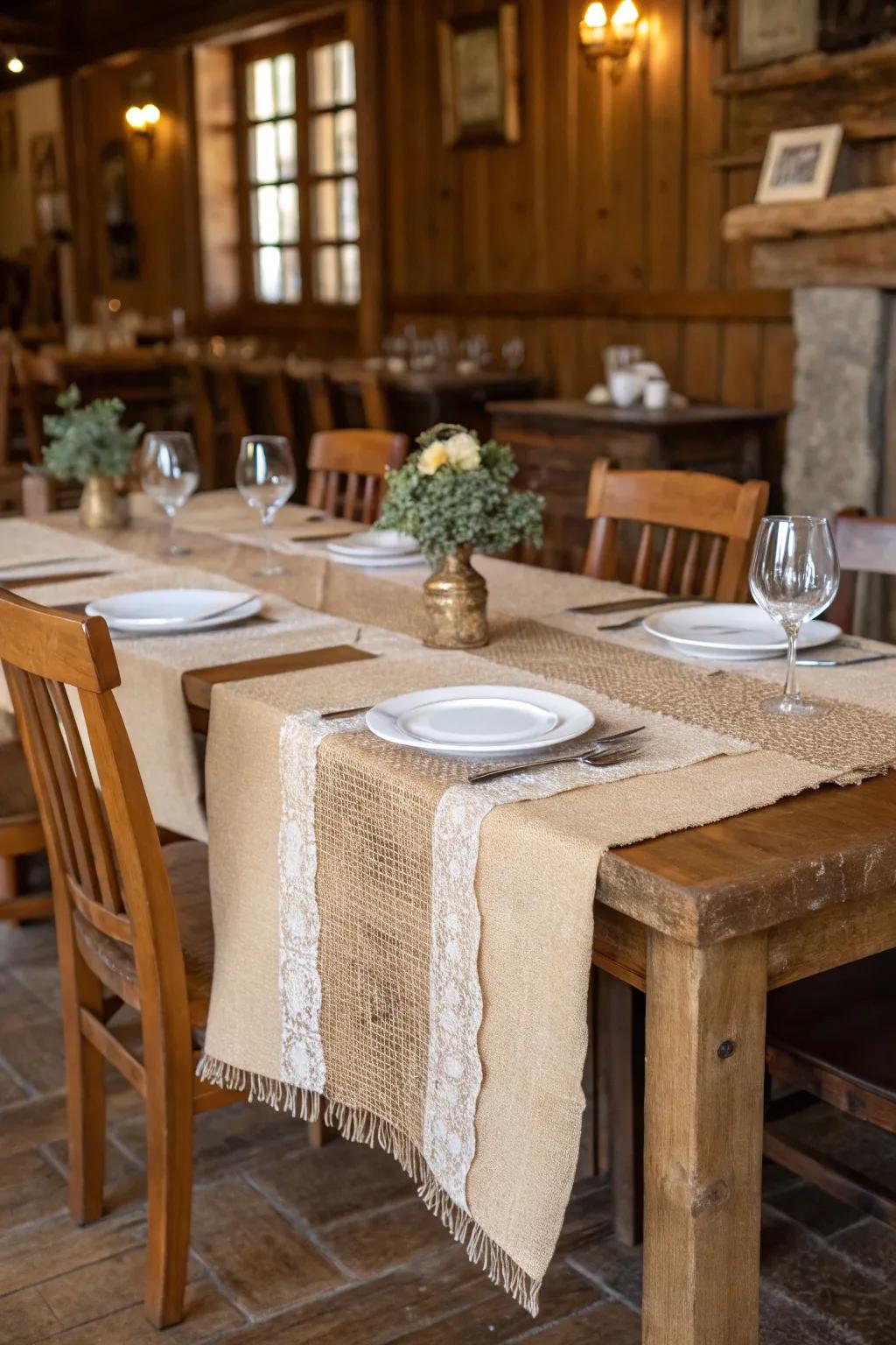 A rustic hessian table adornment infuses the dining space with warmth.