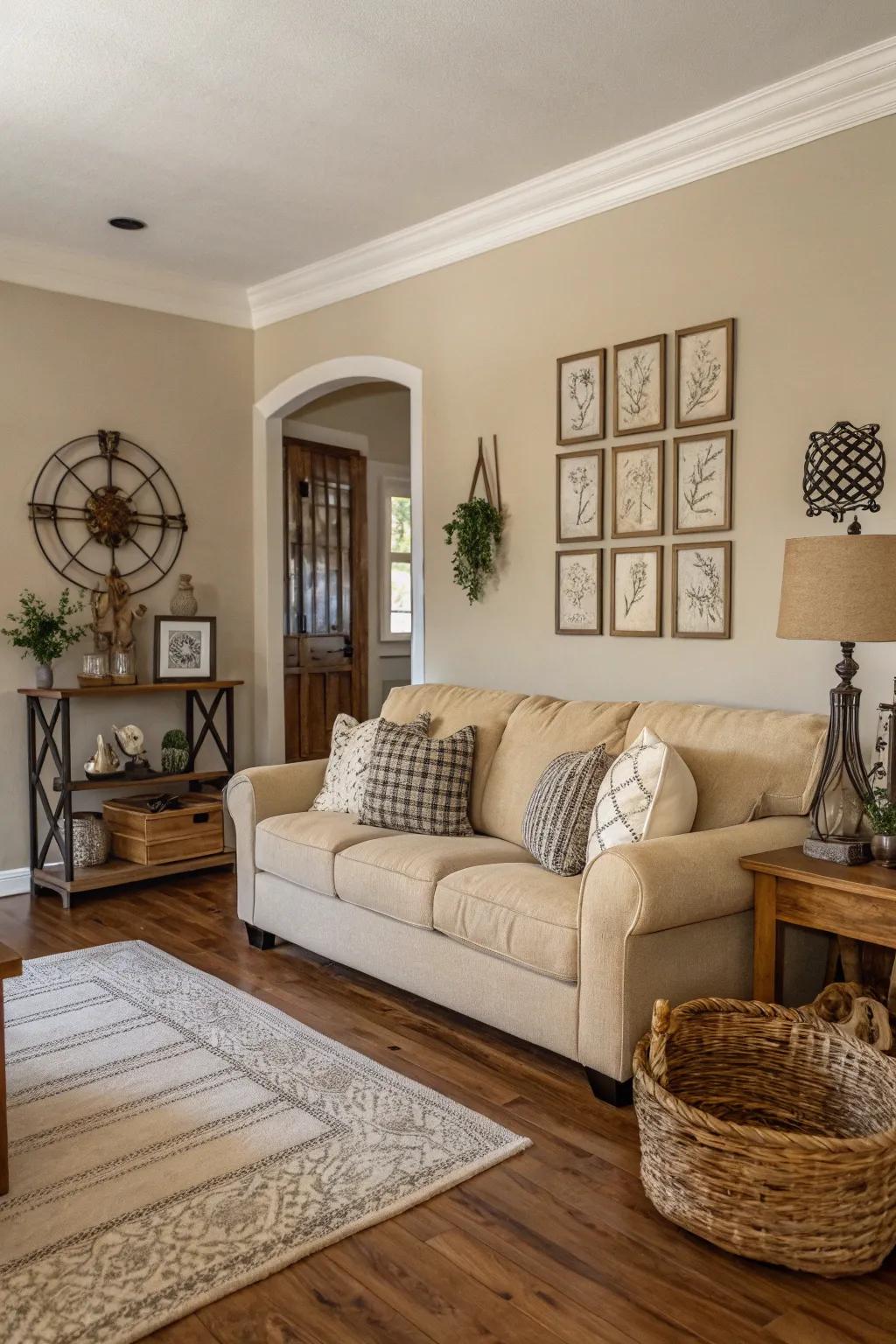 A serene and neutral color scheme in a farmhouse-style living area.