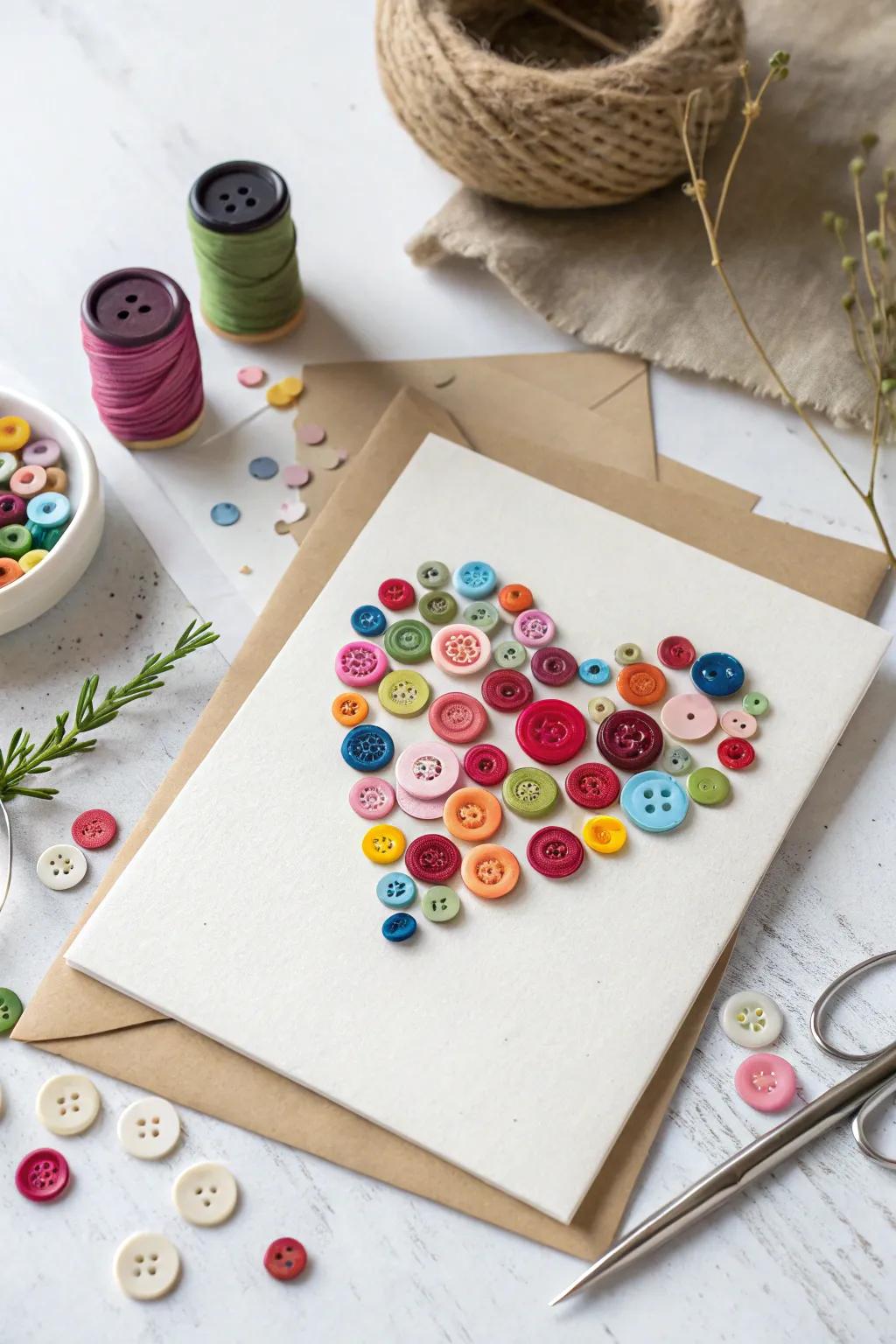 <strong><em>Crafted with Devotion: A Button Heart Card for Father’s Day.</em></strong>” loading=”lazy” class=”pimg”>
	</picture><figcaption><strong><em>Crafted with Devotion: A Button Heart Card for Father’s Day.</em></strong></figcaption></figure>
<p>Collect a variety of vibrant buttons and arrange them in a heart shape on the card’s facade. It presents a straightforward yet captivating avenue to express your affection, and I derive immense pleasure from this activity due to its whimsical and highly personal nature.</p>
<h3>You might give these a try:</h3>
<ul class=