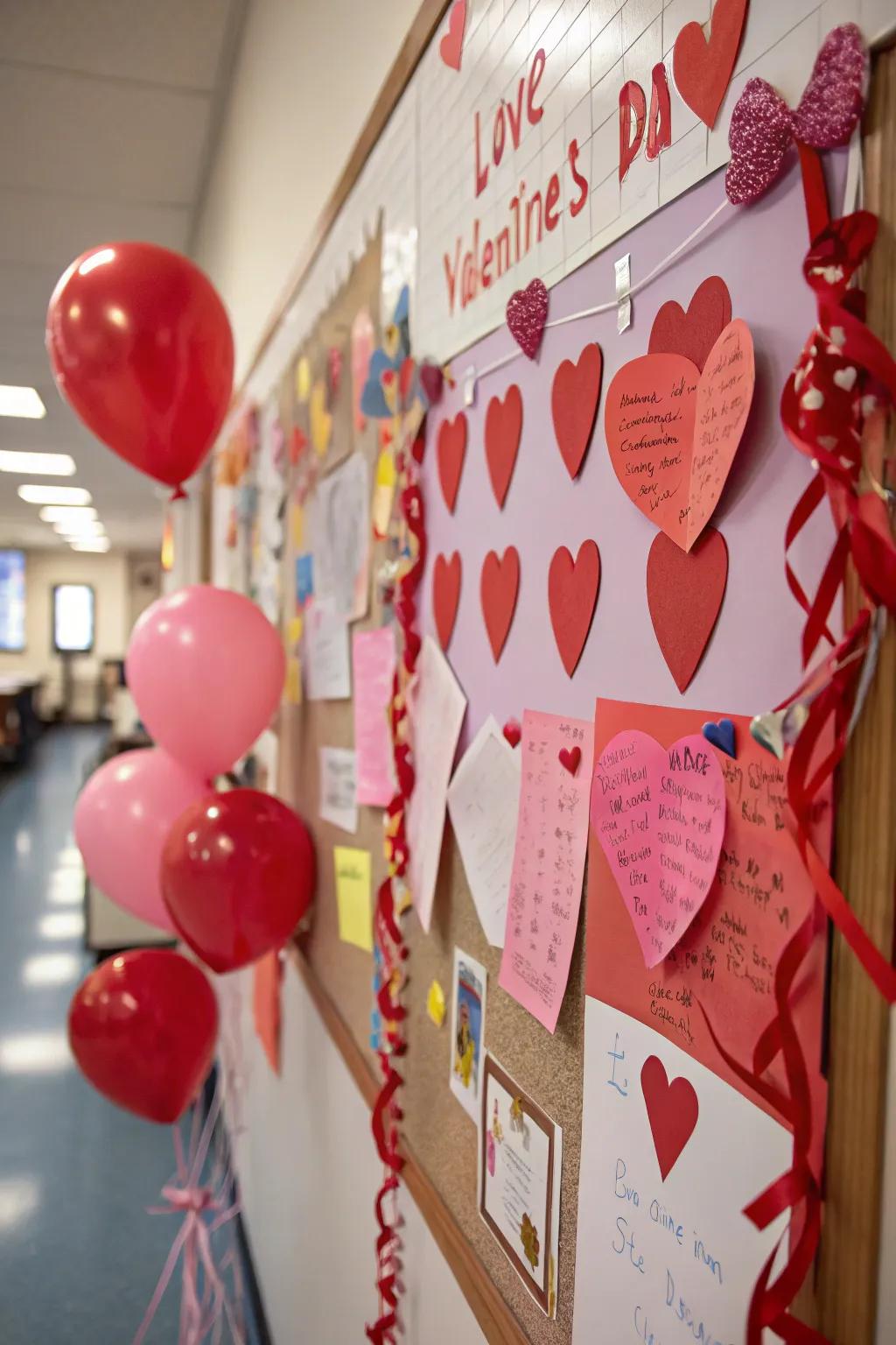 A Valentine-themed bulletin board overflowing with hearts and affectionate notes.