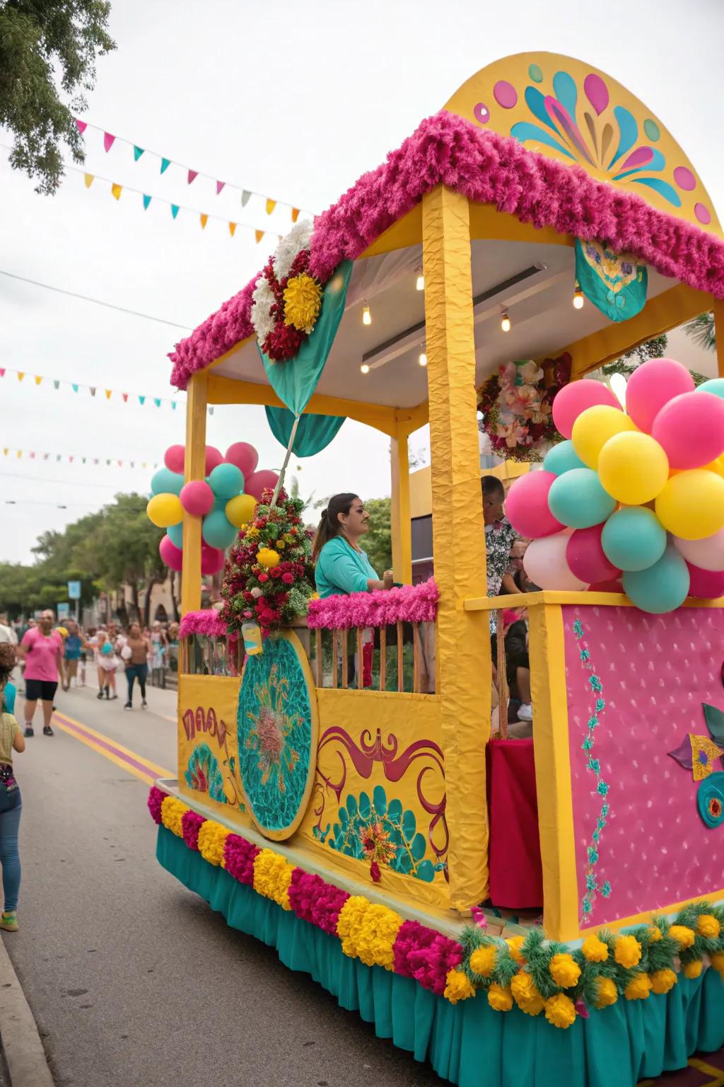 A parade float full of strong and radiant colors.