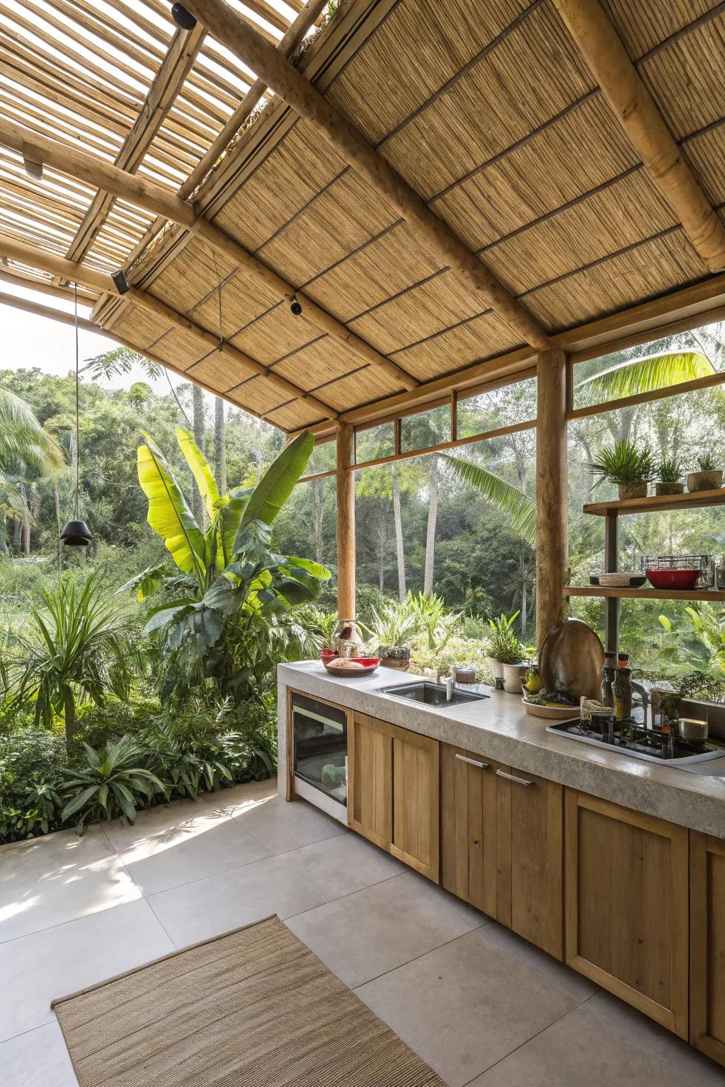 An open cooking space designed to merge the outdoors and indoors, perfect for tropical settings.