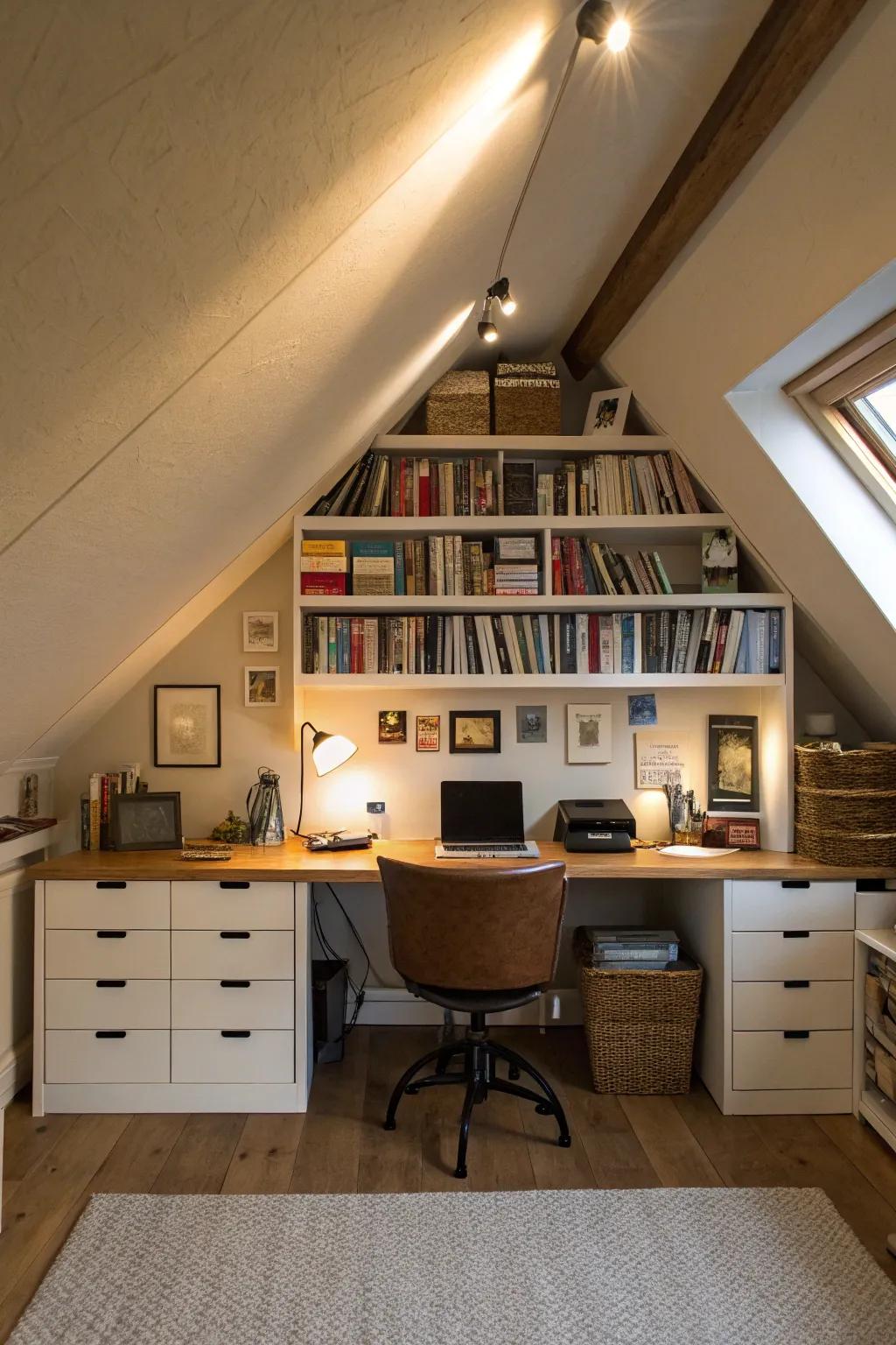 A serene attic-based home office distinguished by well-considered design elements.