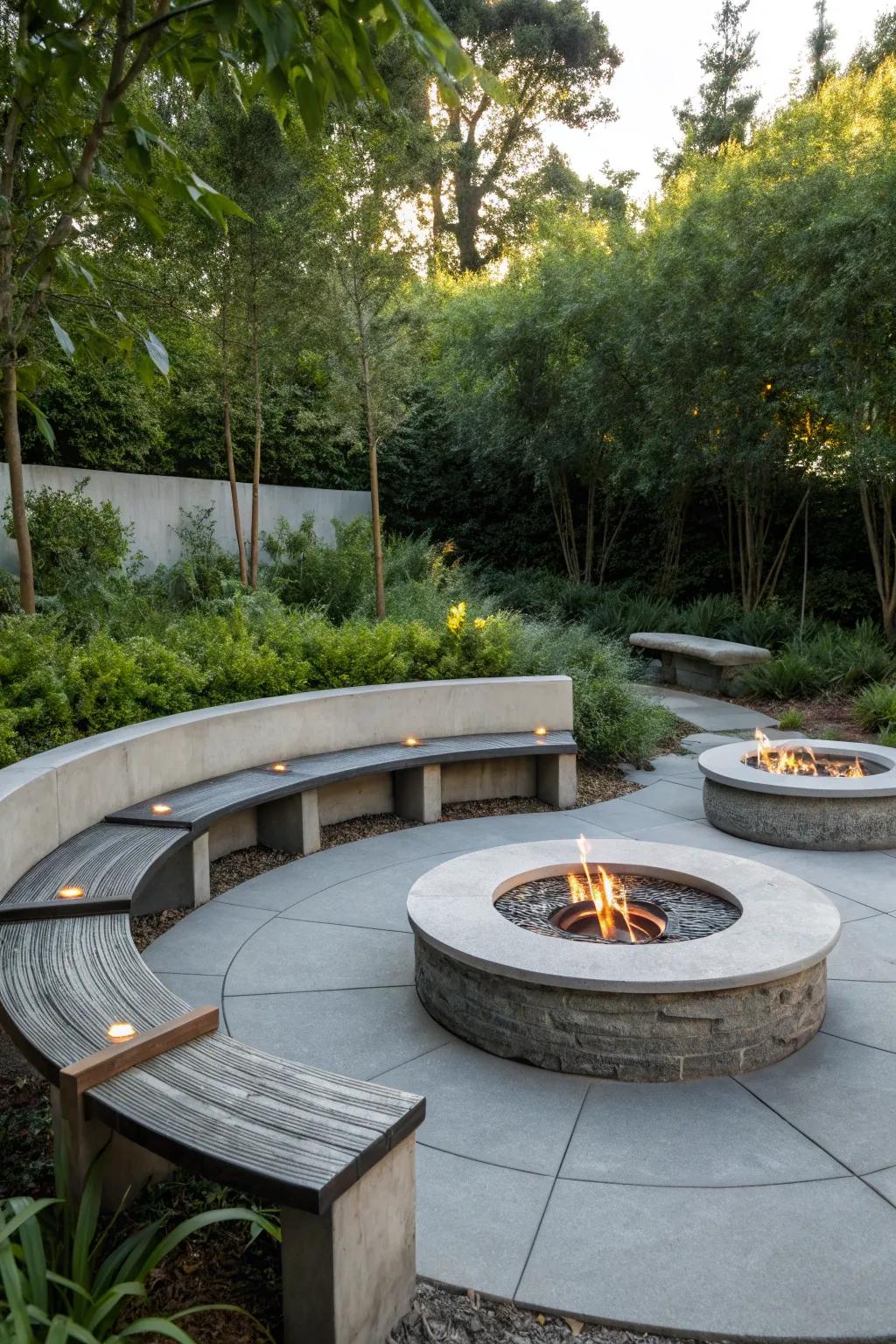 Circular stone benches present a classic and communal seating choice.