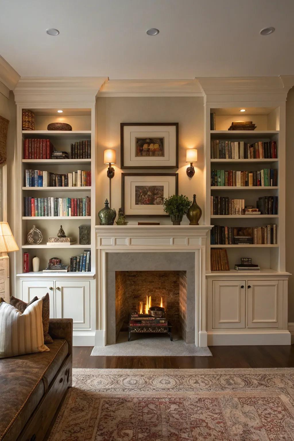 A living room showcasing a fireplace flanked by symmetrical shelving, a perfect arrangement for displaying literature and decor.
