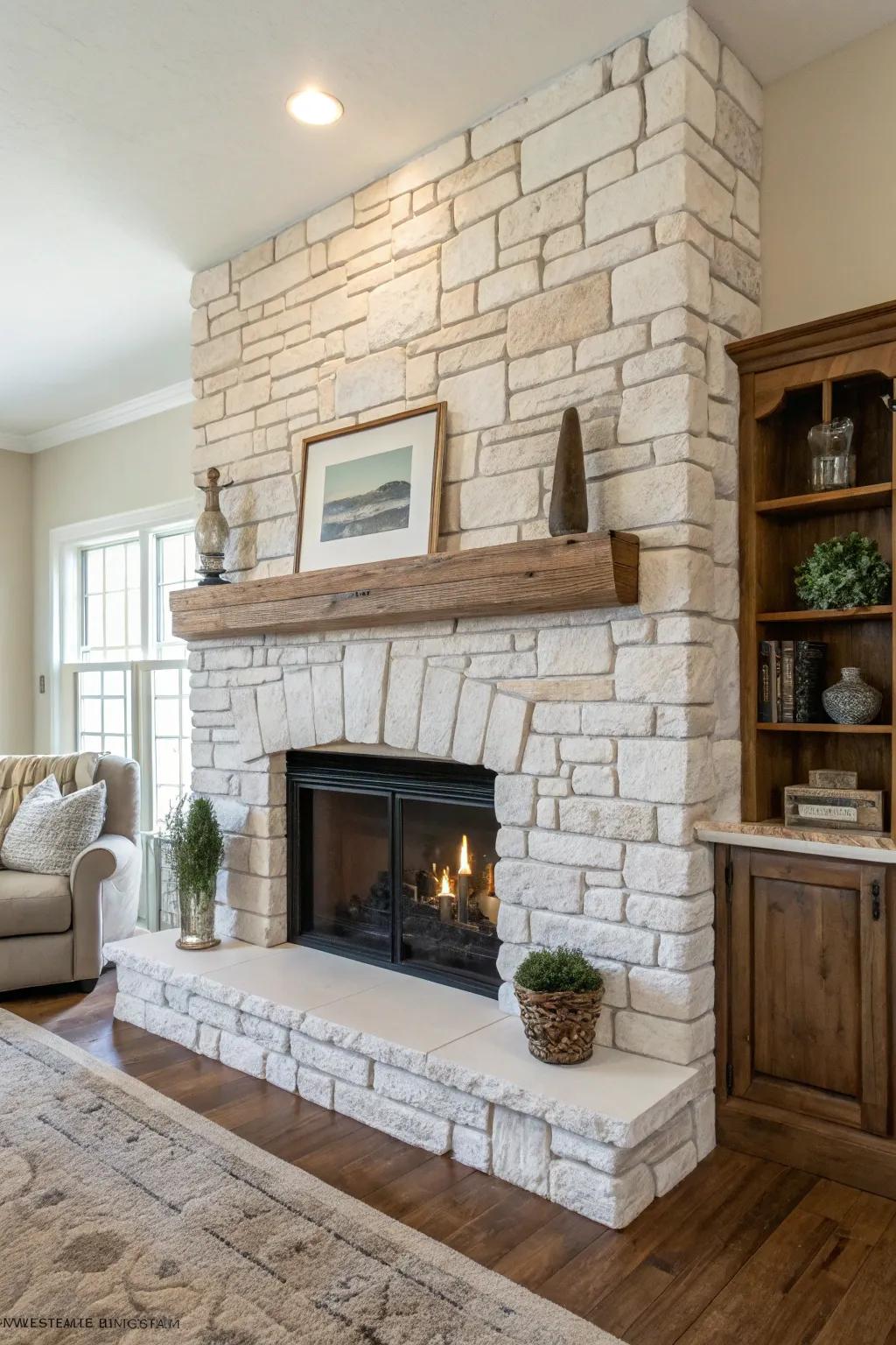 Stone and brick come together for a timeless fireplace aesthetic.