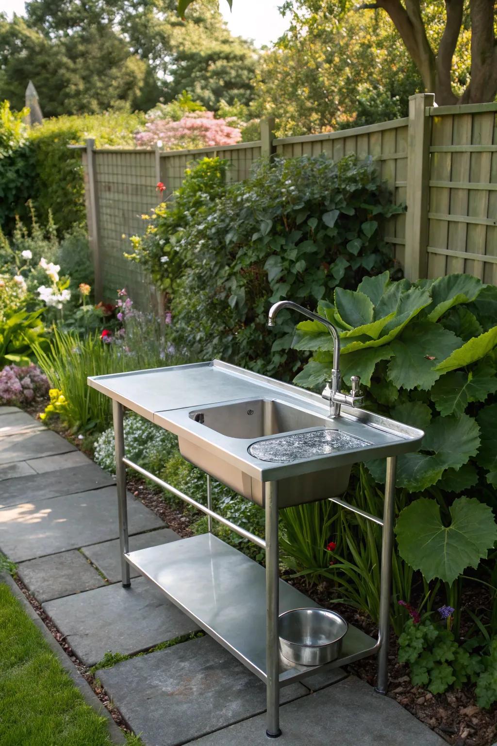 Functionality meets sleek stainless steel in this fish cleaning area.