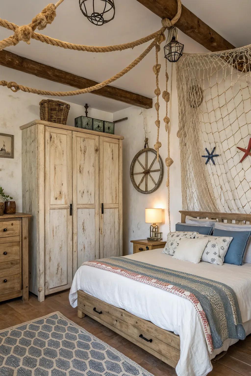 Timber furniture lends a quaint, rustic aspect to your angling-themed bedroom.