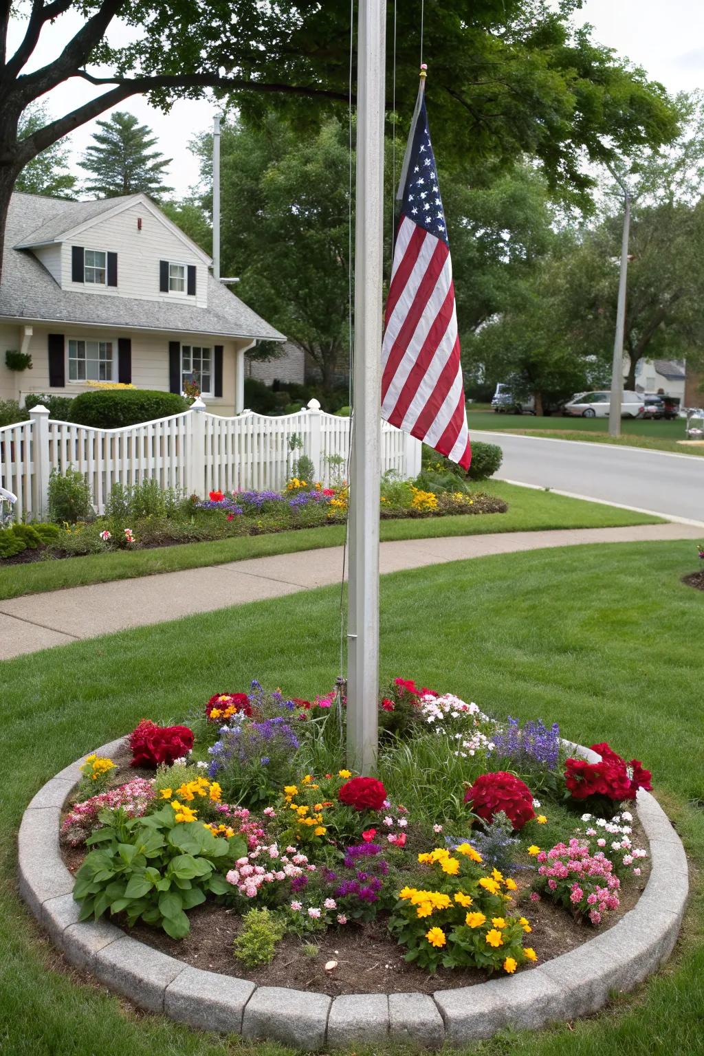 A rounded floral display encircling a flagpole serves as a compelling point of interest.