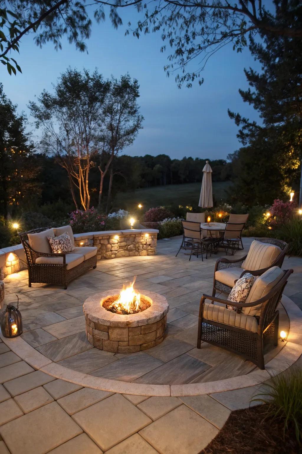 A flagstone patio showcased by a welcoming fire feature as its focal point.