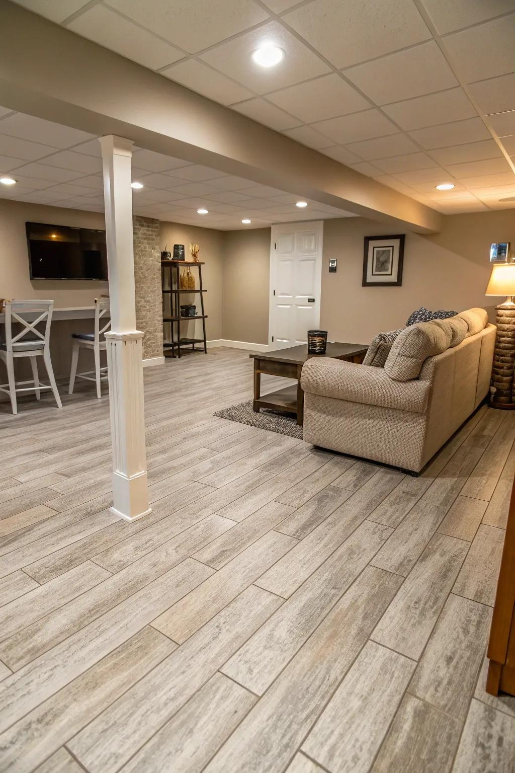 Gray tile flooring brings a sleek, modern feel to any basement.