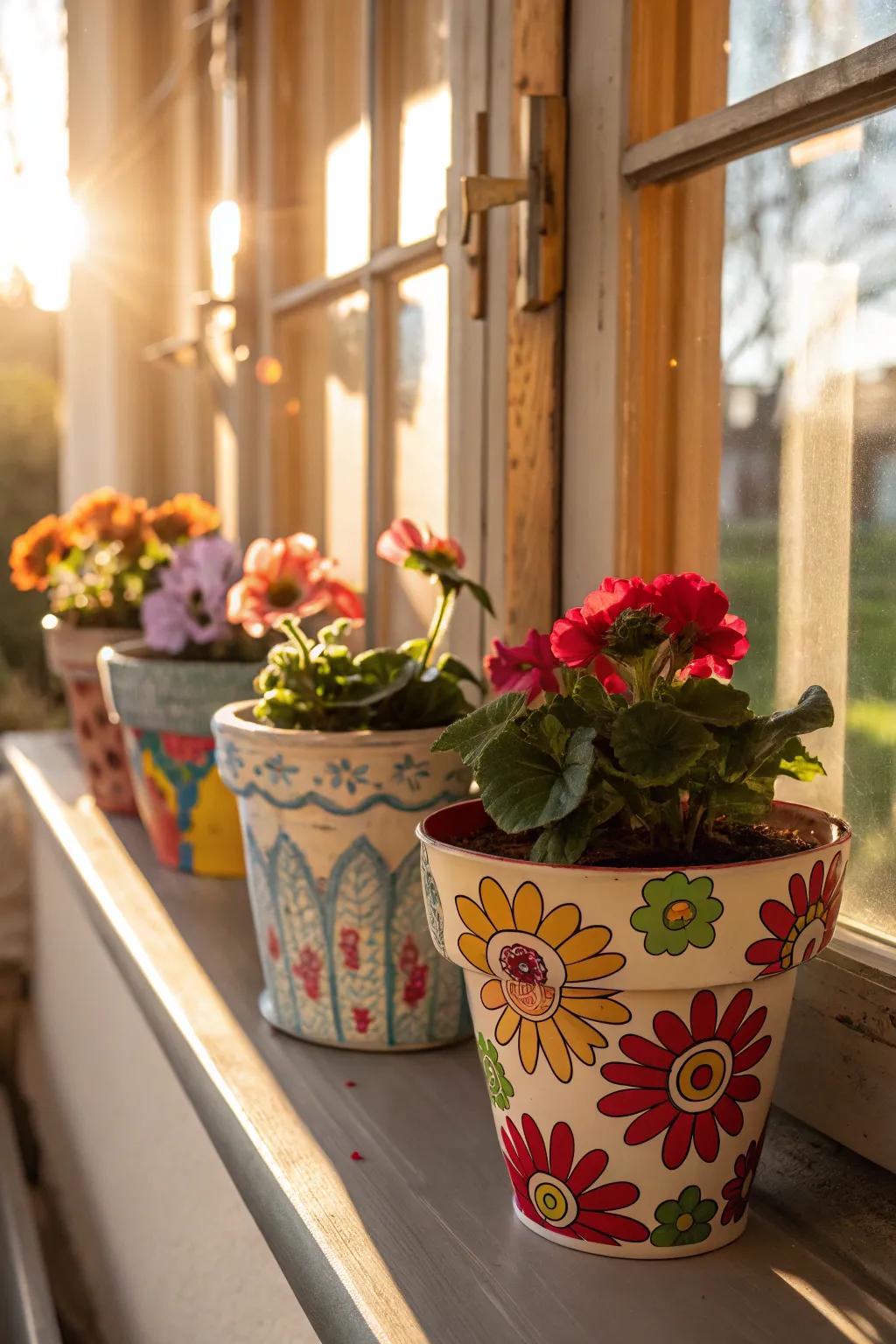 Convey your inventiveness with vibrant, hand-painted ornamentation upon floral receptacles.