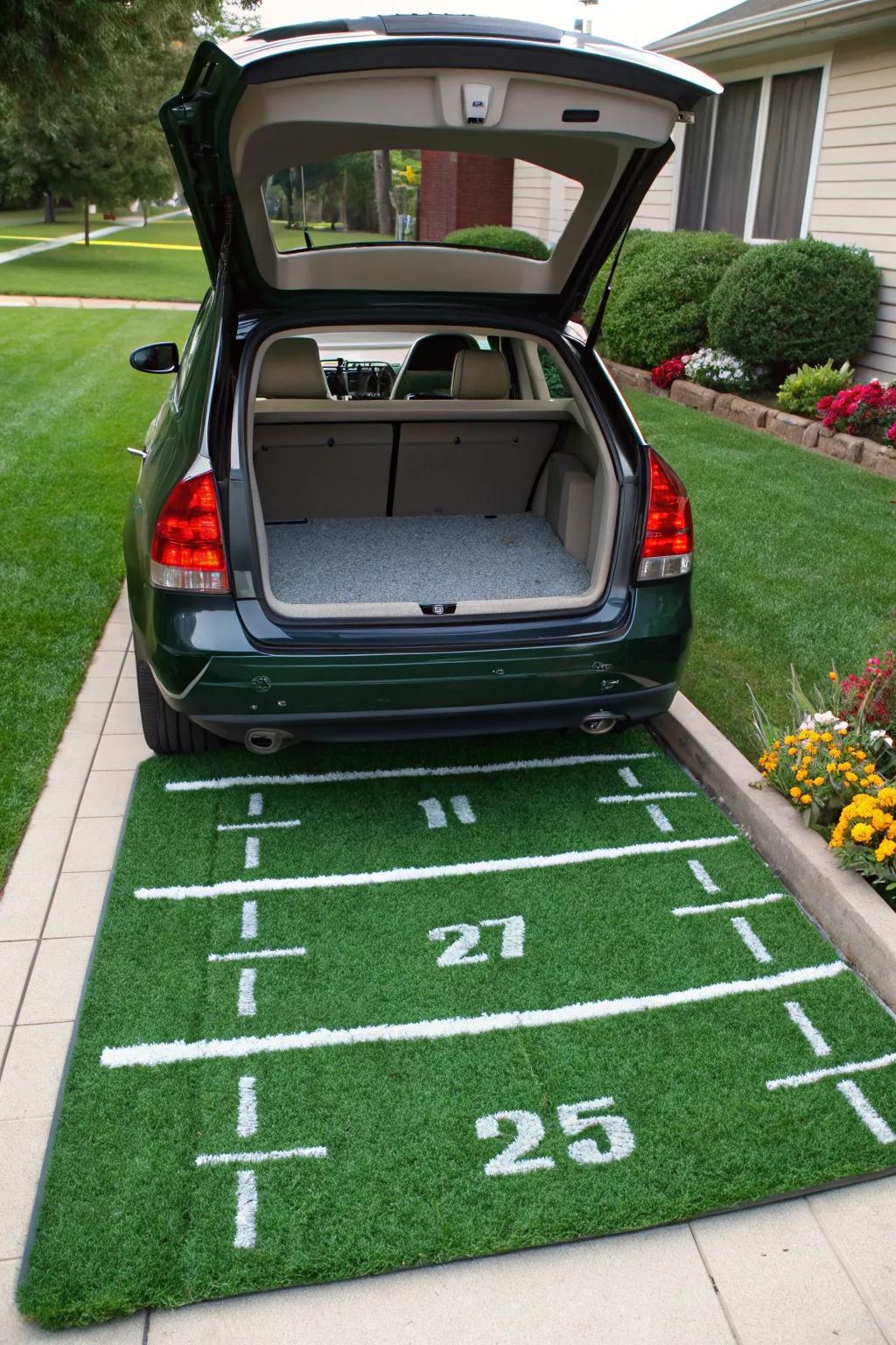 Turn your vehicle trunk into a compact football field with verdant turf and white-striped yard lines.
