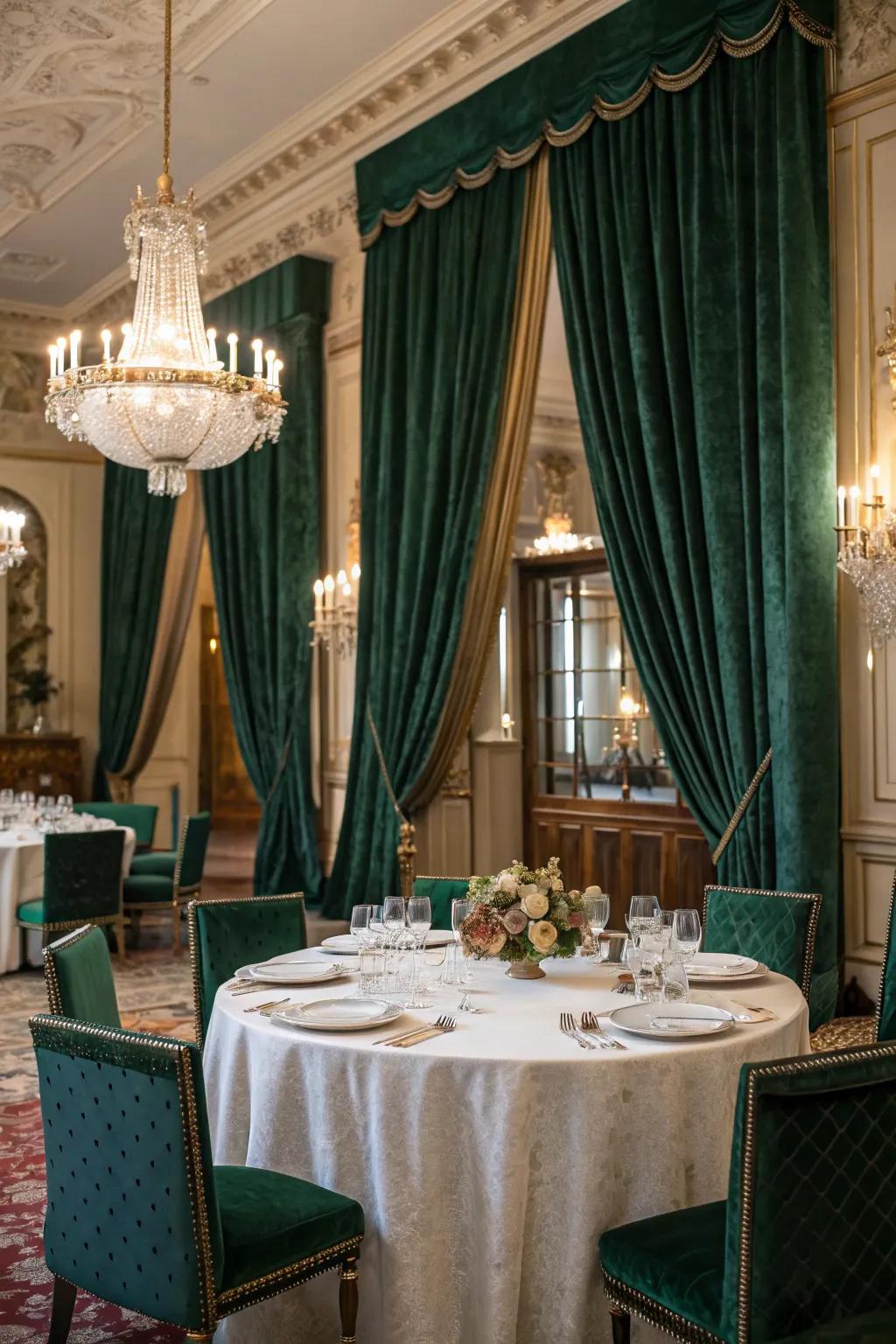 Rich emerald velvet curtains lend a sense of grandeur to this elegant dining room.