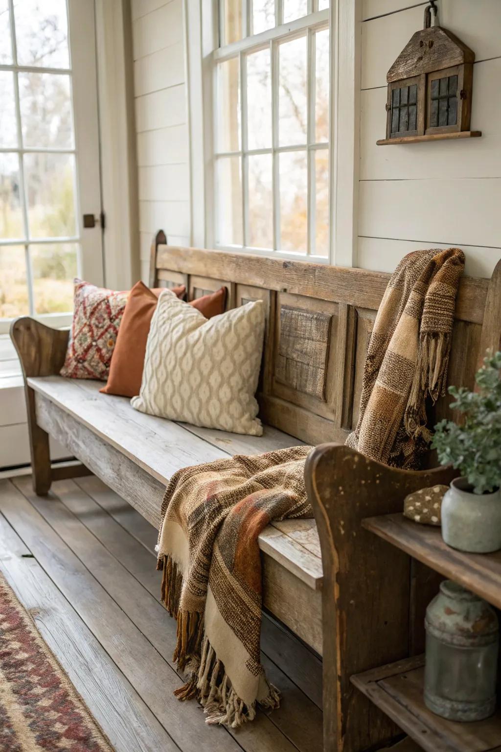 A country-style timber seating imparts warmth and utility.
