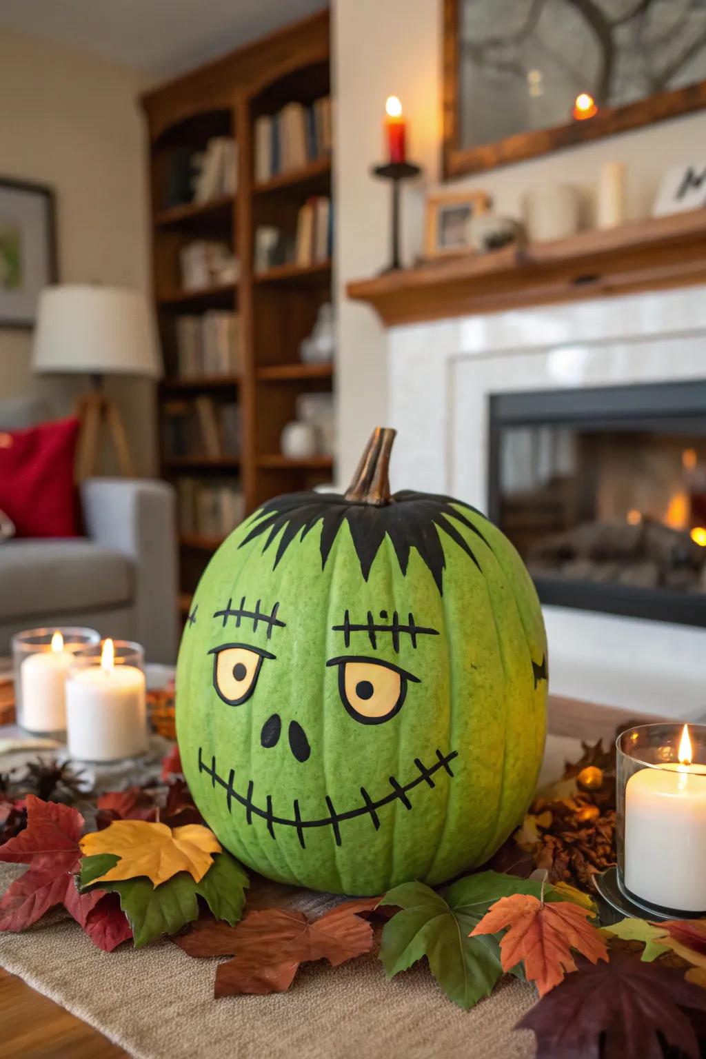 The classic green Frankenstein pumpkin is a timeless Halloween favorite.