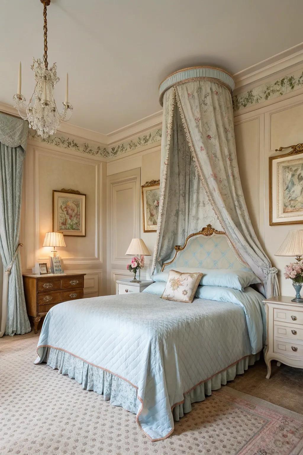A tranquil French bedroom showcases a gentle color selection.