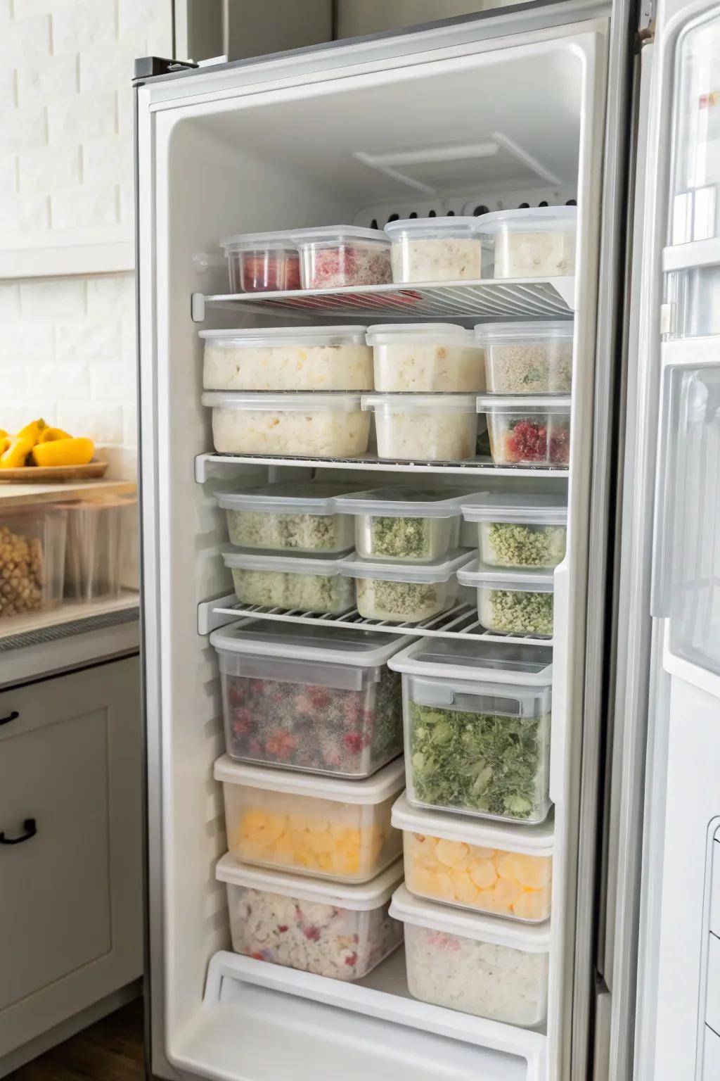 Transparent containers ensure enhanced visibility and streamlined organization inside a French door freezer.
