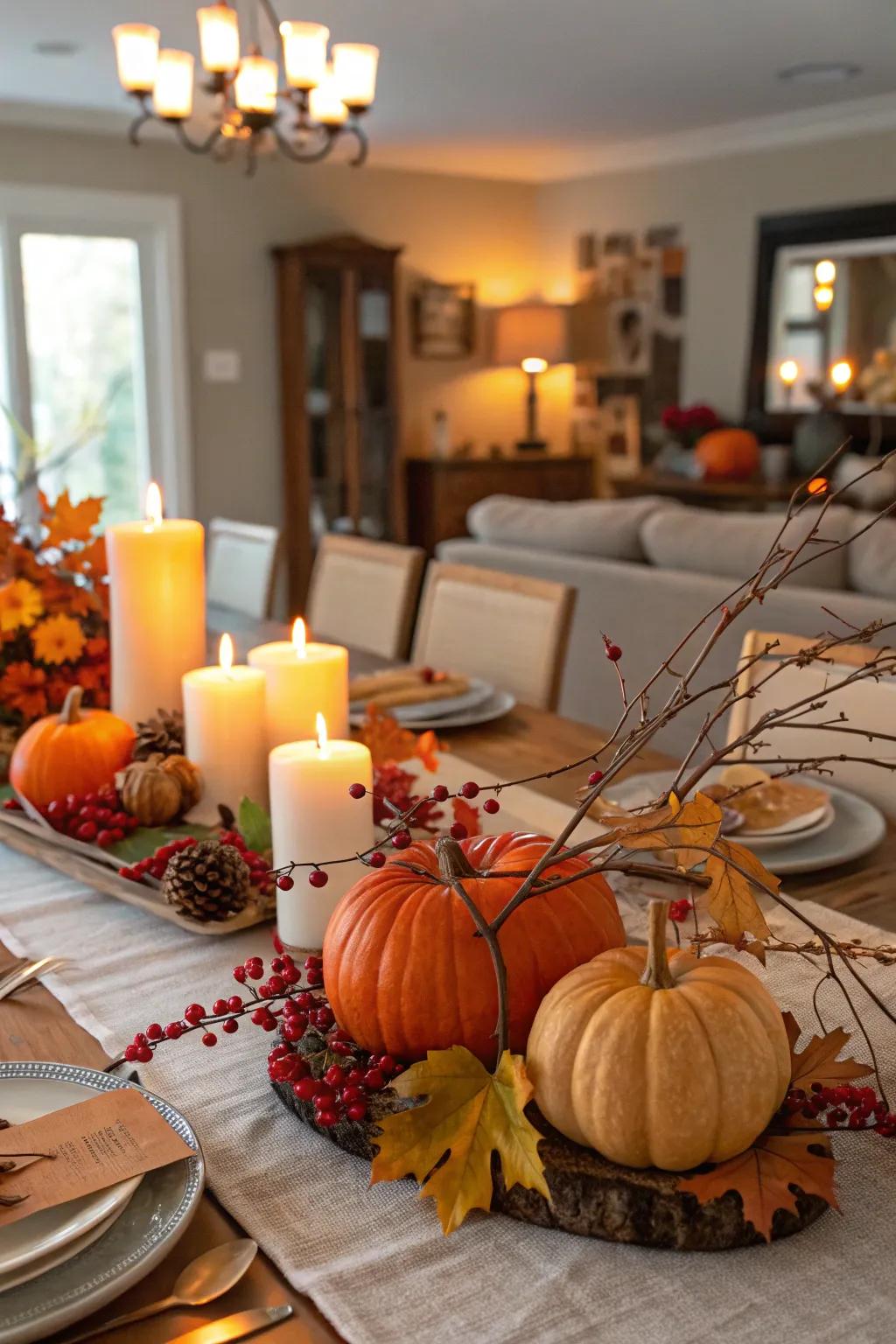A cozy Friendsgiving tablescape enhanced with pumpkins and candles.