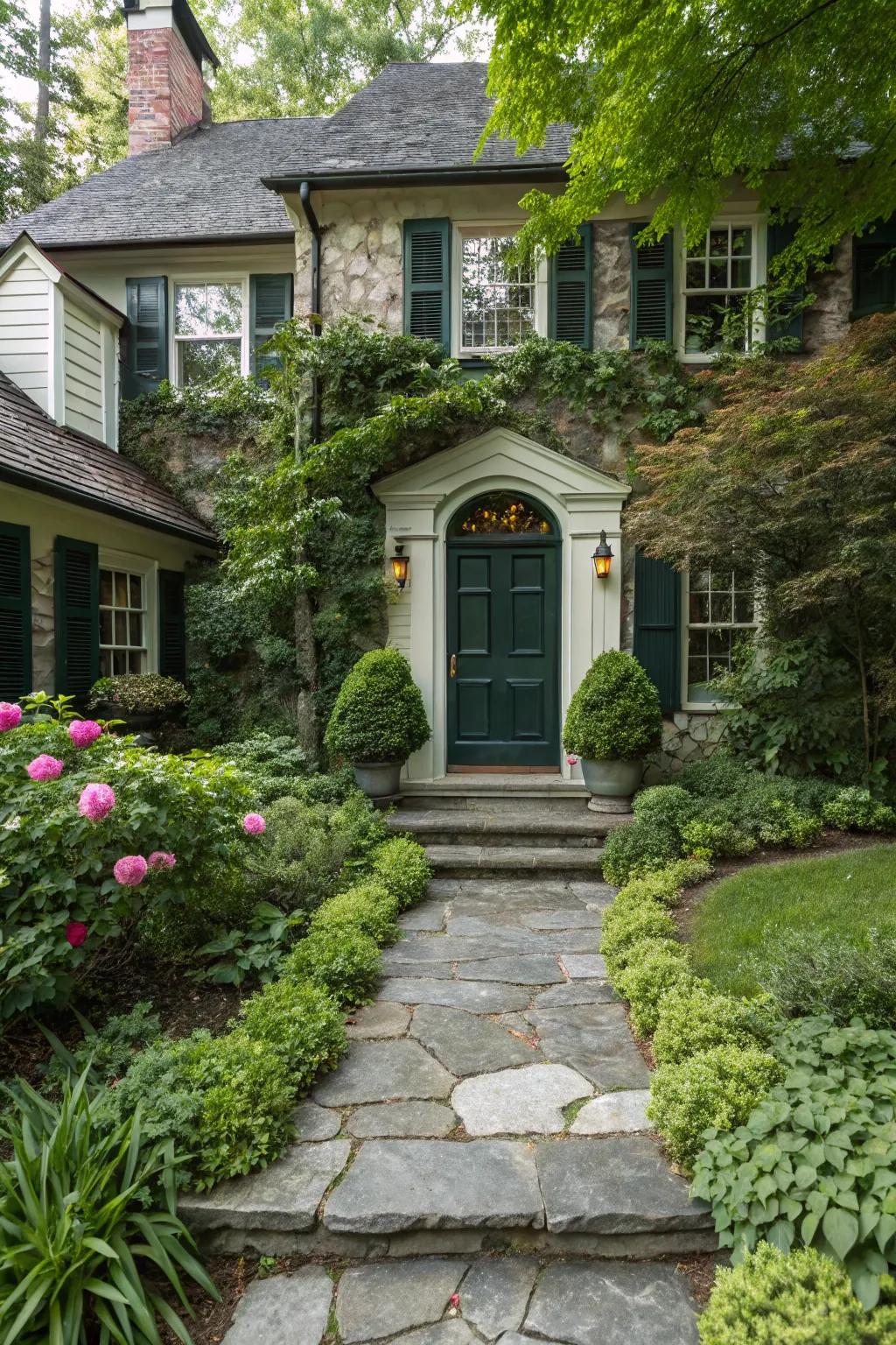 A dark green entrance blends harmoniously with the natural landscape.