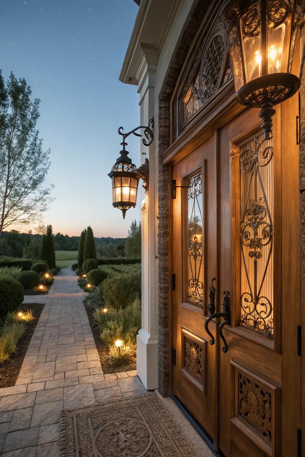 Classic lantern-style lights create a timeless entry.