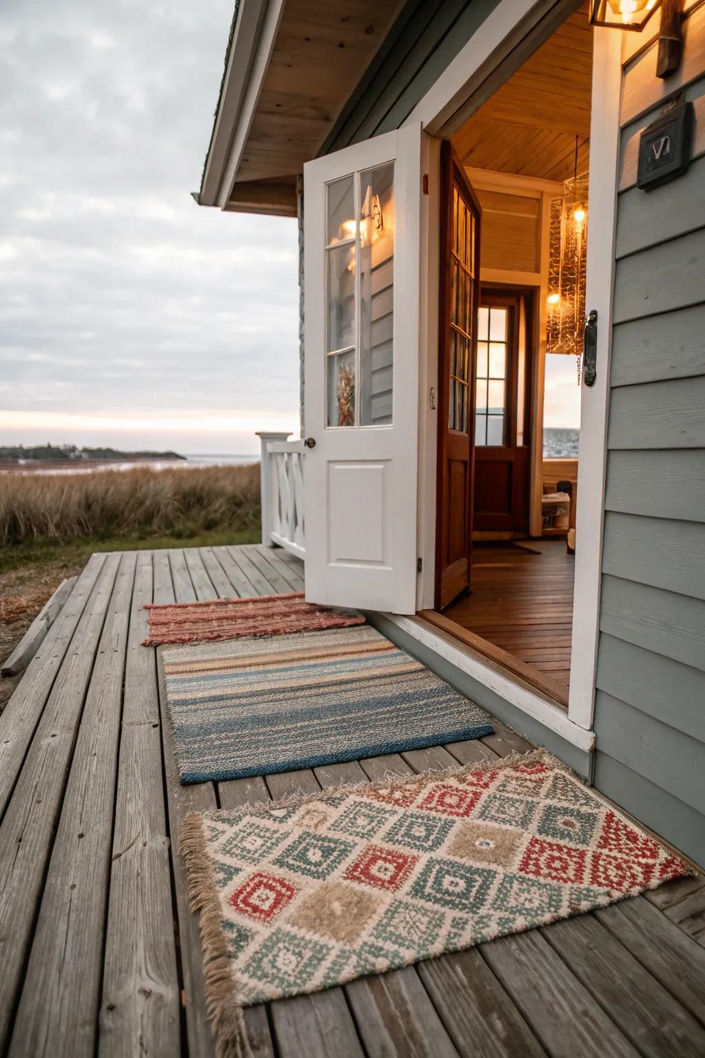 The careful arrangement of layered rugs introduces dimension and visual allure at your doorstep.