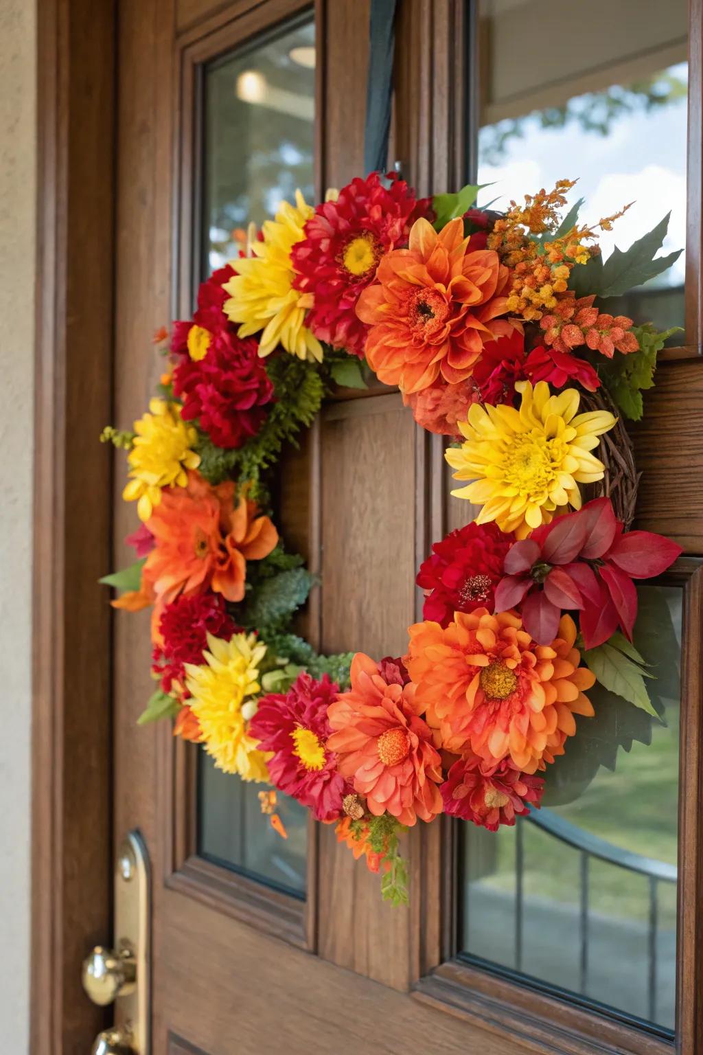 A seasonal blossom adornment that introduces the hues of nature to your front portal.