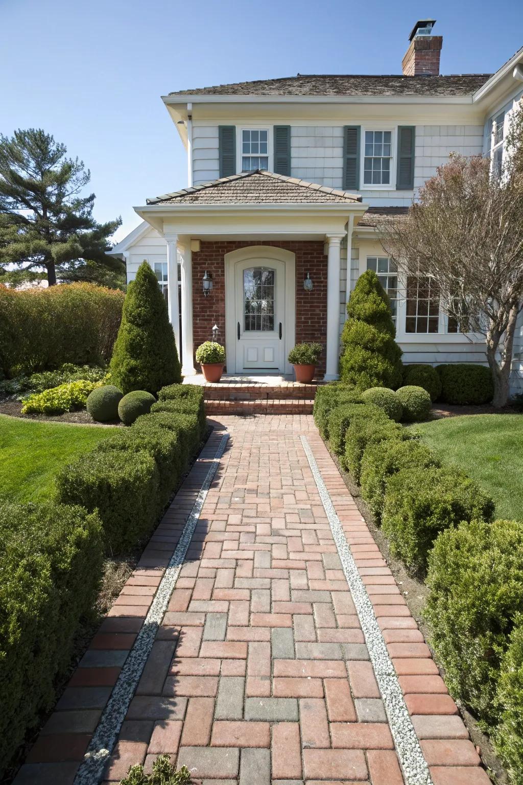 Delightful brick pavers making way for a cordial greeting.