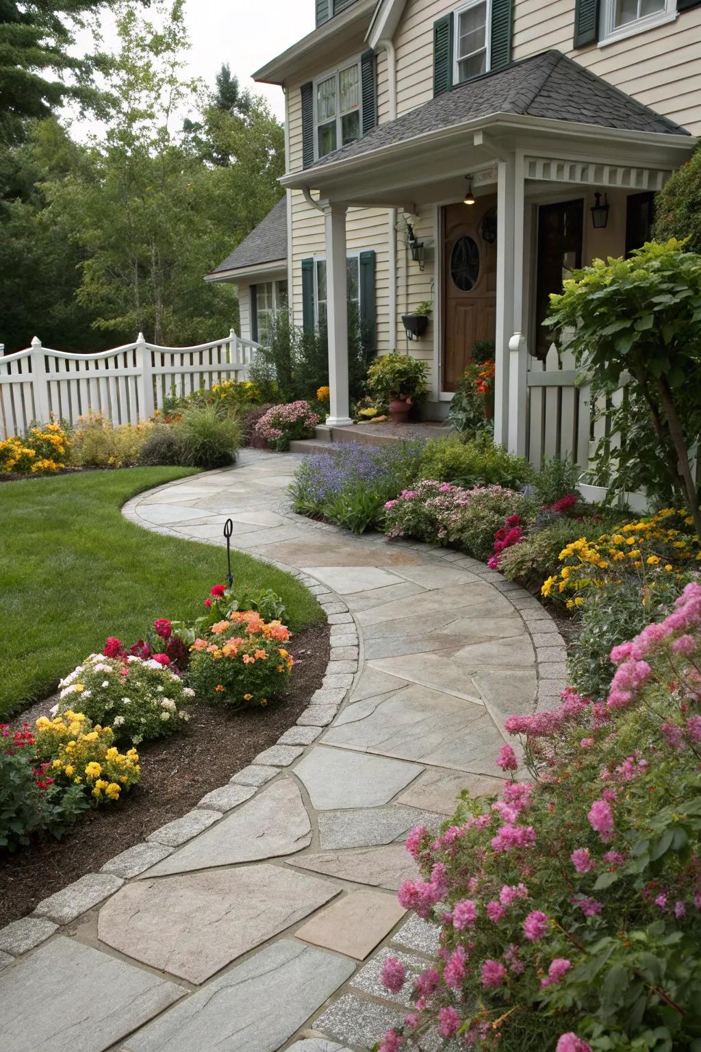 An appealing curved walkway leading up to a residence