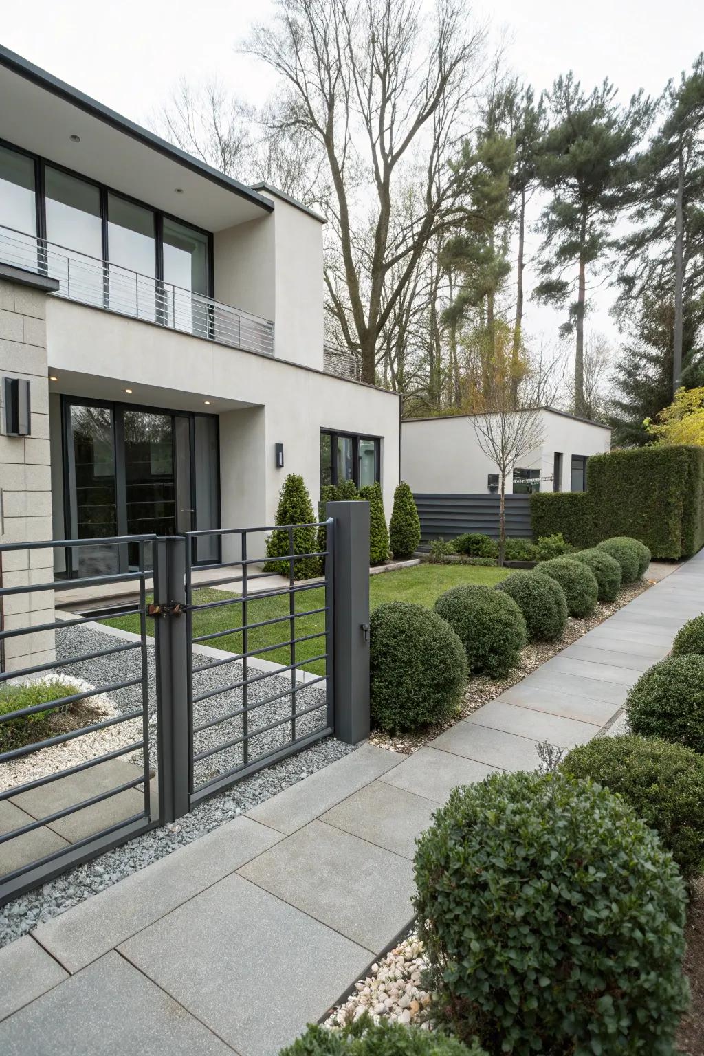A minimalist gate serves as the perfect complement to a contemporary abode.
