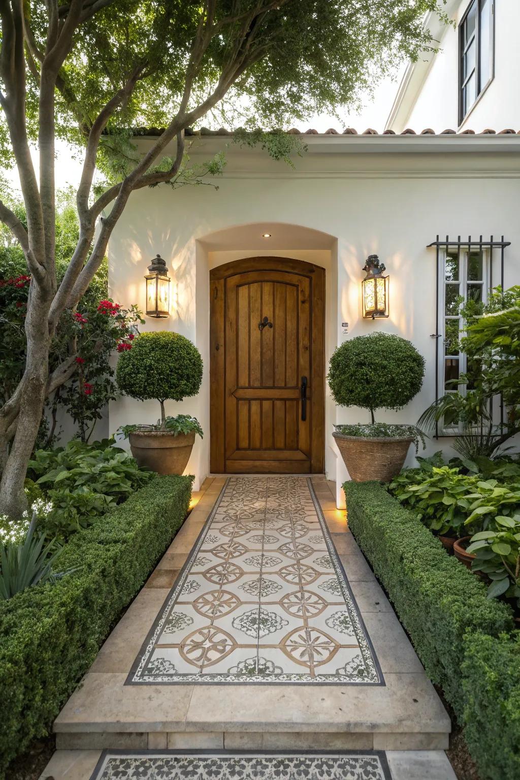 A welcoming entryway featuring potted greenery and an enchanting pathway