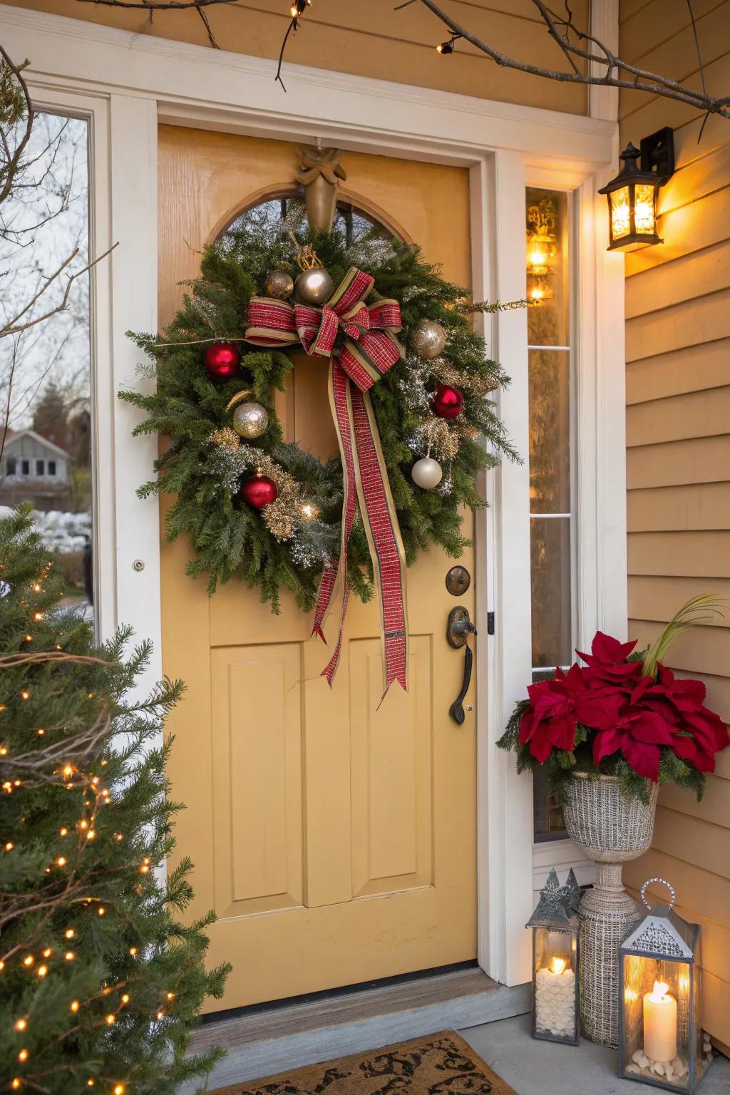 A classic Christmas wreath offers a cordial reception to any porch.