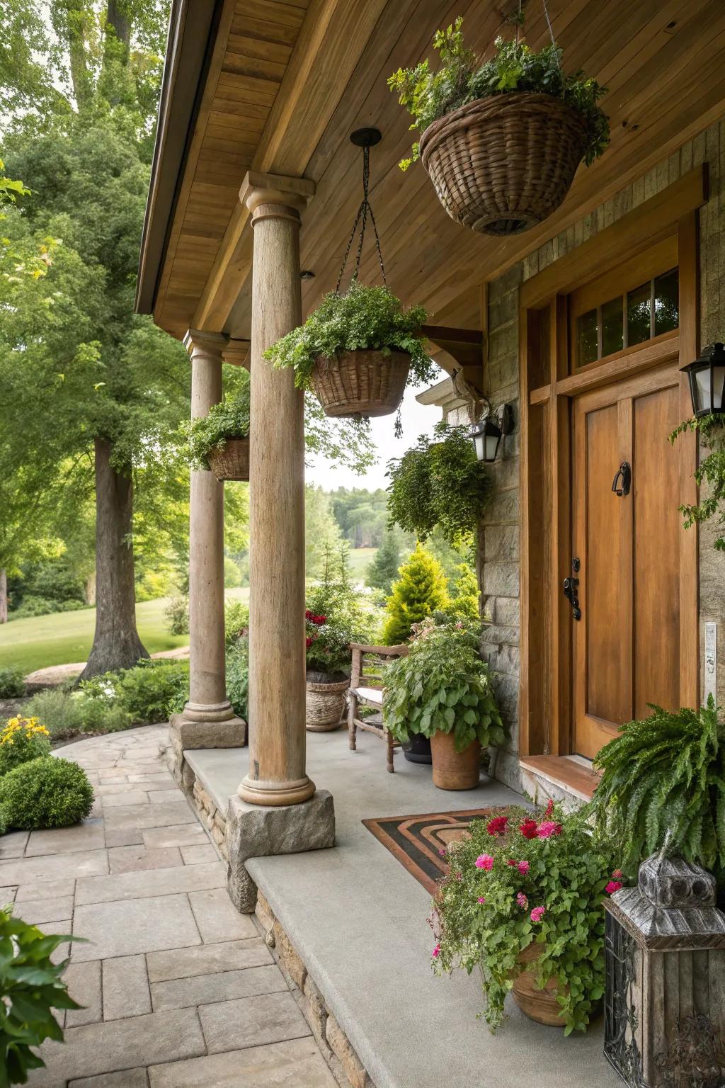 Natural timber columns introduce rustic allure and warmth to your front porch.