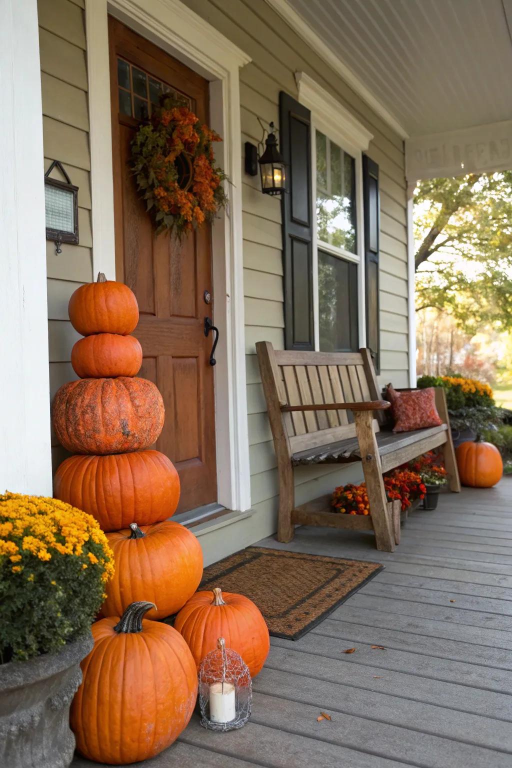 Pumpkin piles introduce a skyward aspect to veranda ornamentation.