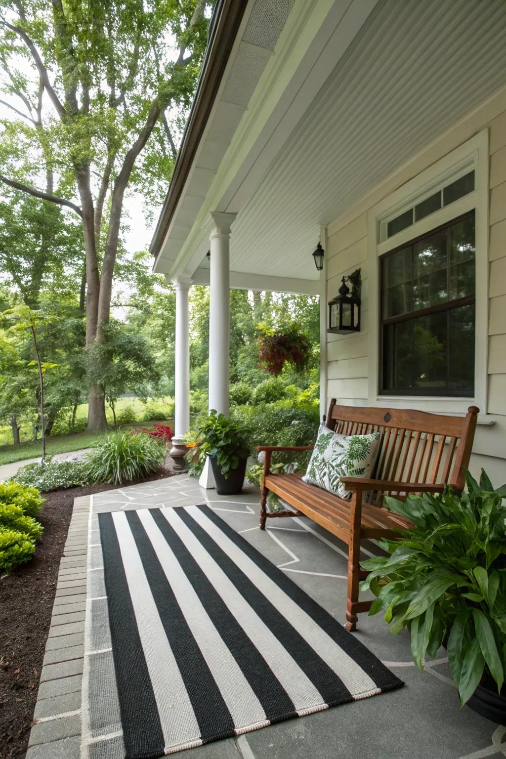 Bold stripes introduce contemporary elegance to any porch.