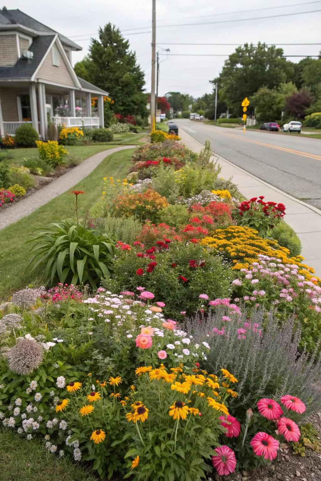 A lively flower bed graces a corner lot, showcasing a spectrum of blooms and shades.