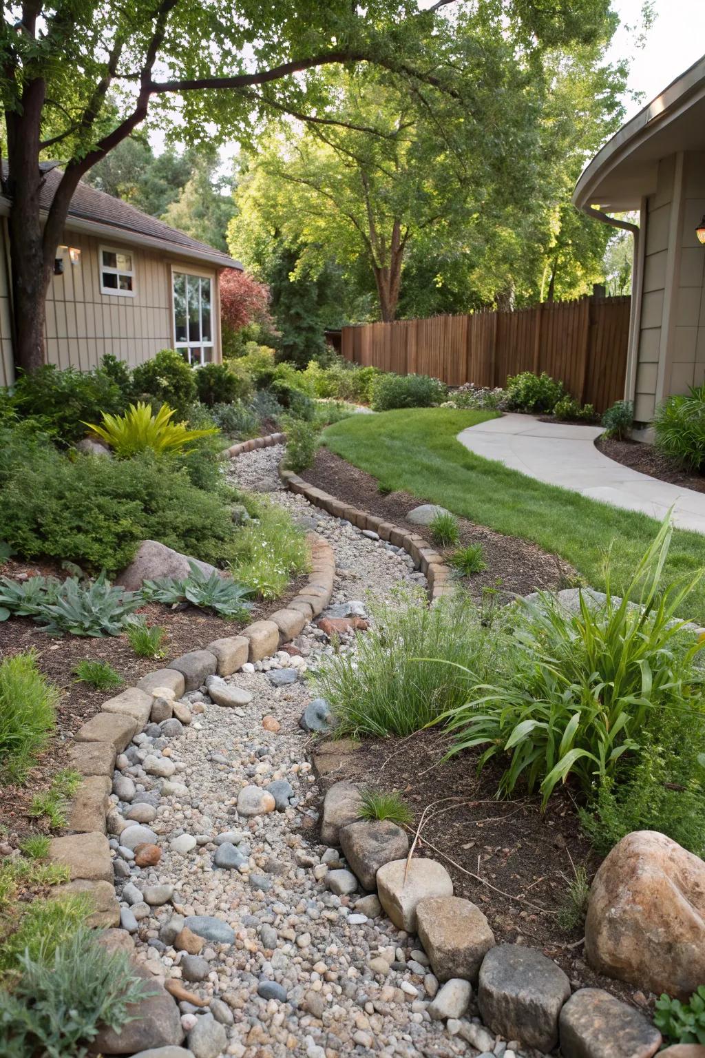 Sweeping paths in your creek bed provide a natural and fluid aesthetic to your landscape.