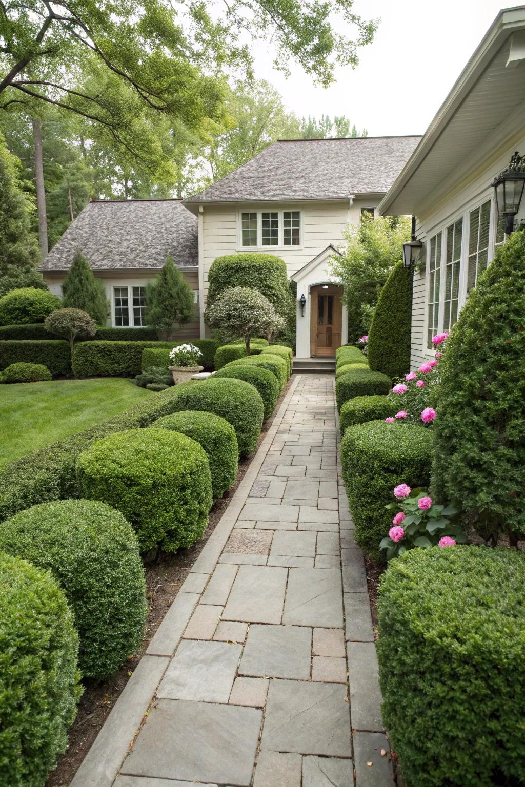 Well-trimmed boxwood hedges provide a structured look to this front garden.